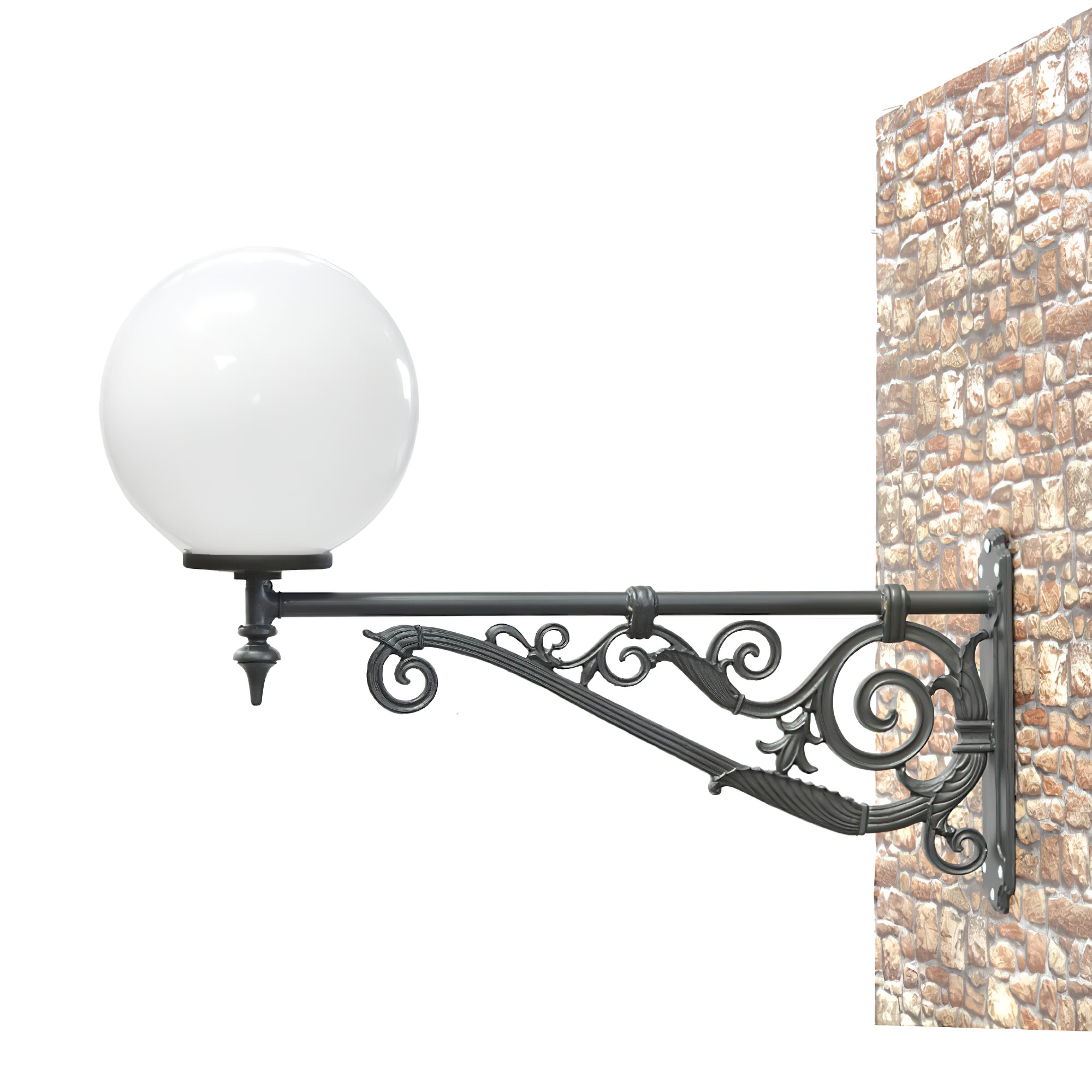 Wandmontierte schwarze Gartenlampe mit weißer Glaskugel an Steinmauer