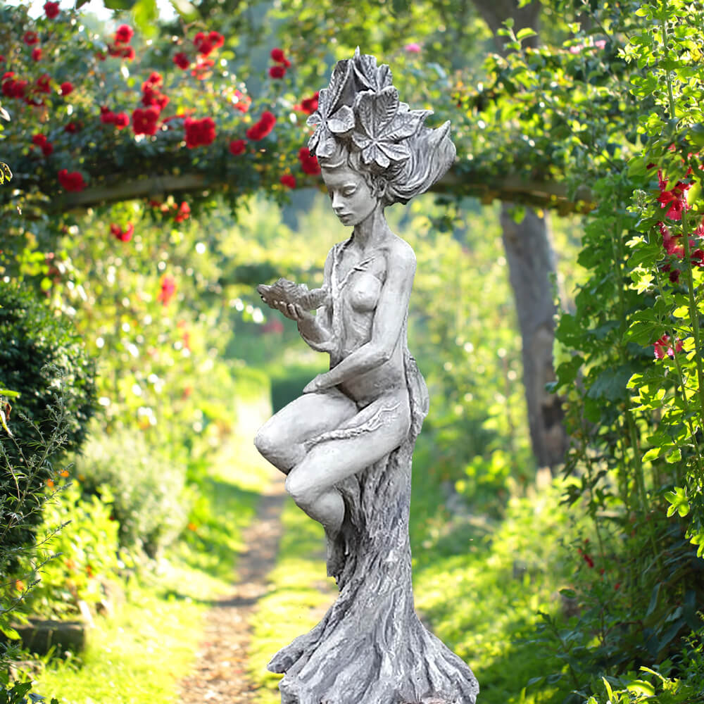 Einzigartige Elfen Skulptur aus Stein für draußen - Mira / Antikgrau