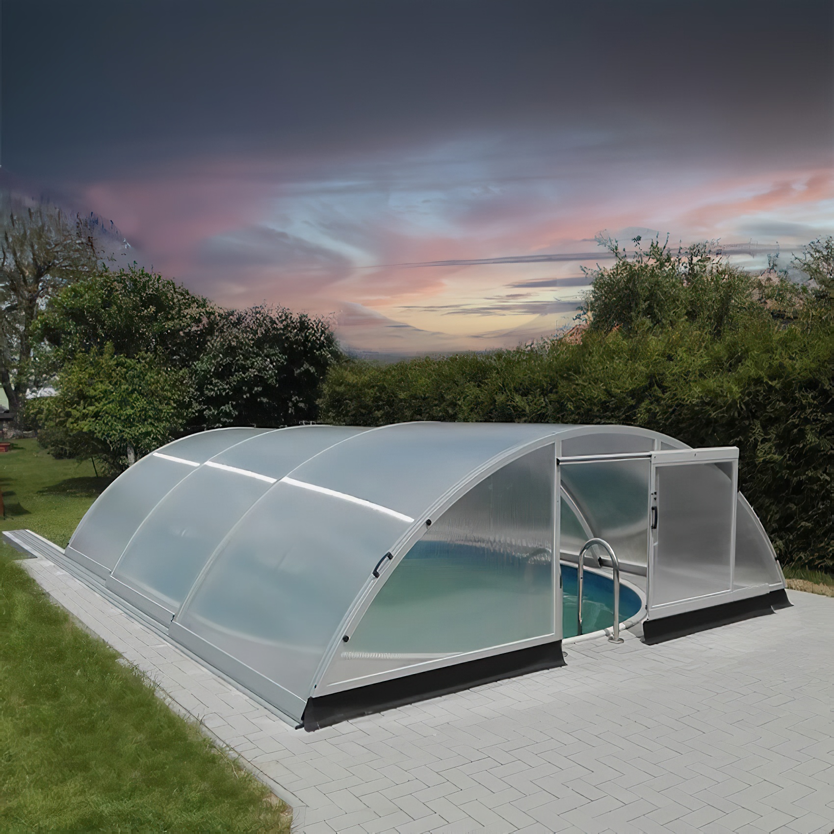 Vormontierte Poolüberdachung in Silber - Aluminium & Polycarbonat - UV-beständig - abschließbar - Morganit