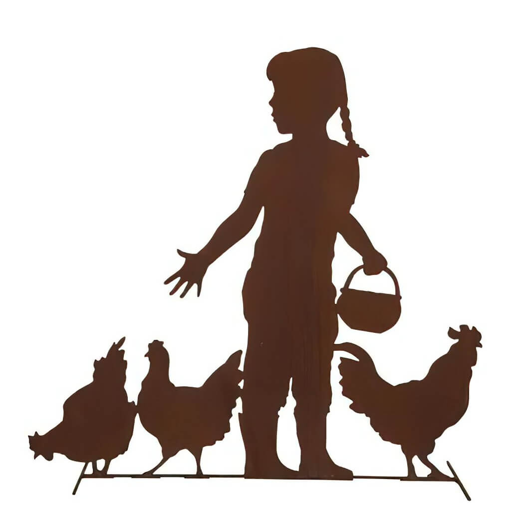 Schattensilhouette eines Kindes mit Korb und Hühnern als Gartendeko