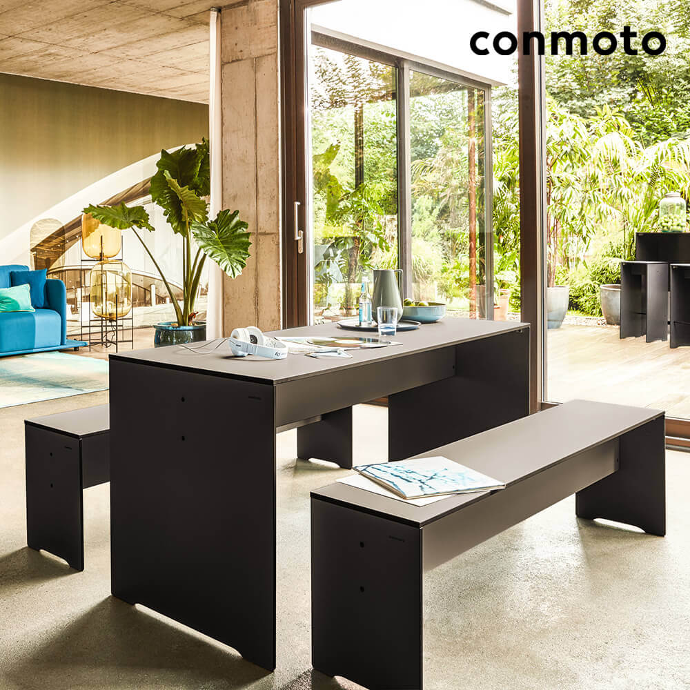 Moderne 3-Sitzer/6-Sitzer Bankgruppe aus HPL - Gartenecke Riva / mit 1 Bank / anthrazit, ohne Auflagen