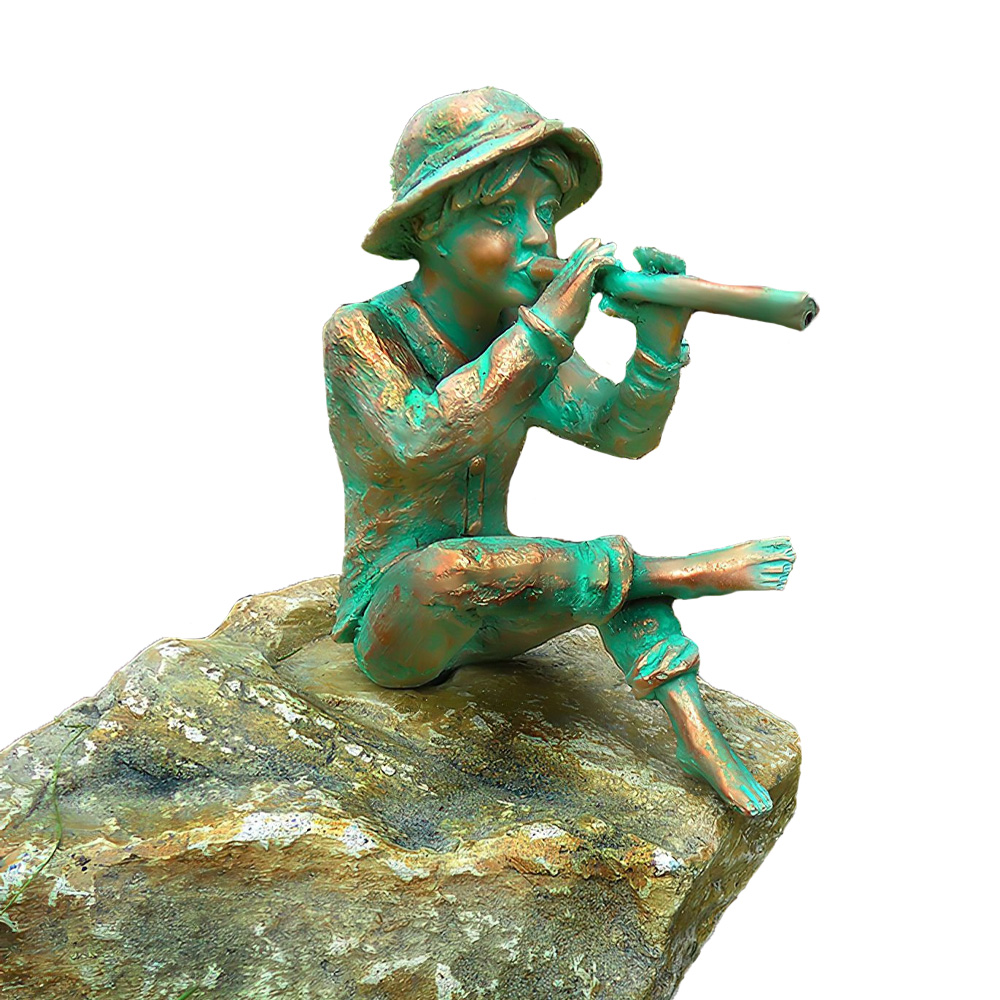 Steinguss Wasserspeier - Junge mit Flöte auf Stein - Methodius / Olimpia