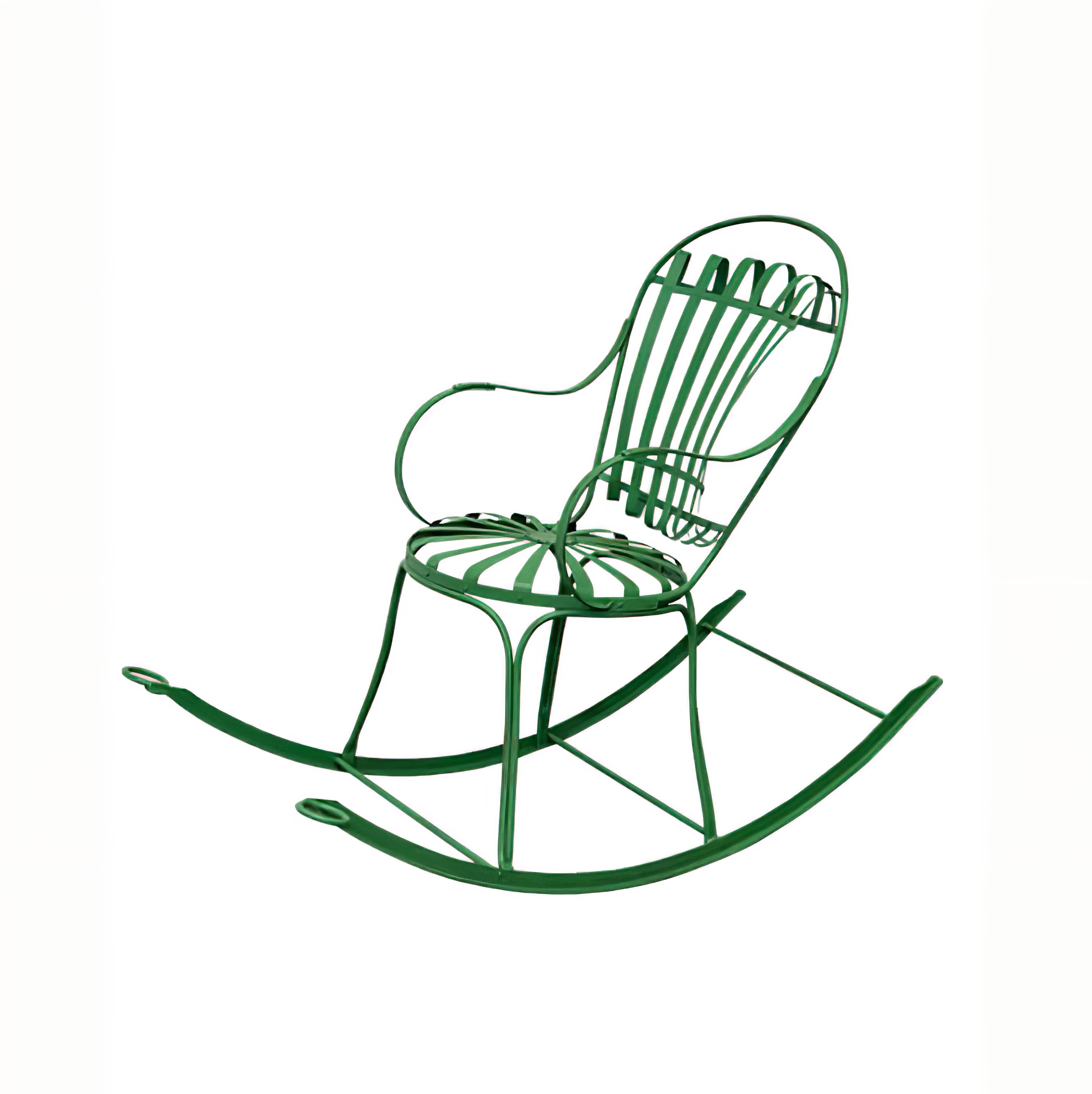 Sedia a dondolo in metallo verde con design curvo, ideale per il giardino