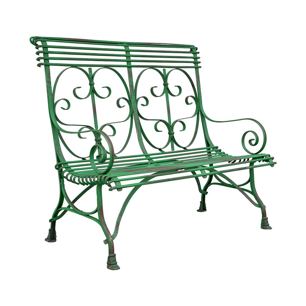 Antike 2-Sitzer Garten Eisenbank rostfrei mit Armlehnen - Lothaire / Grün