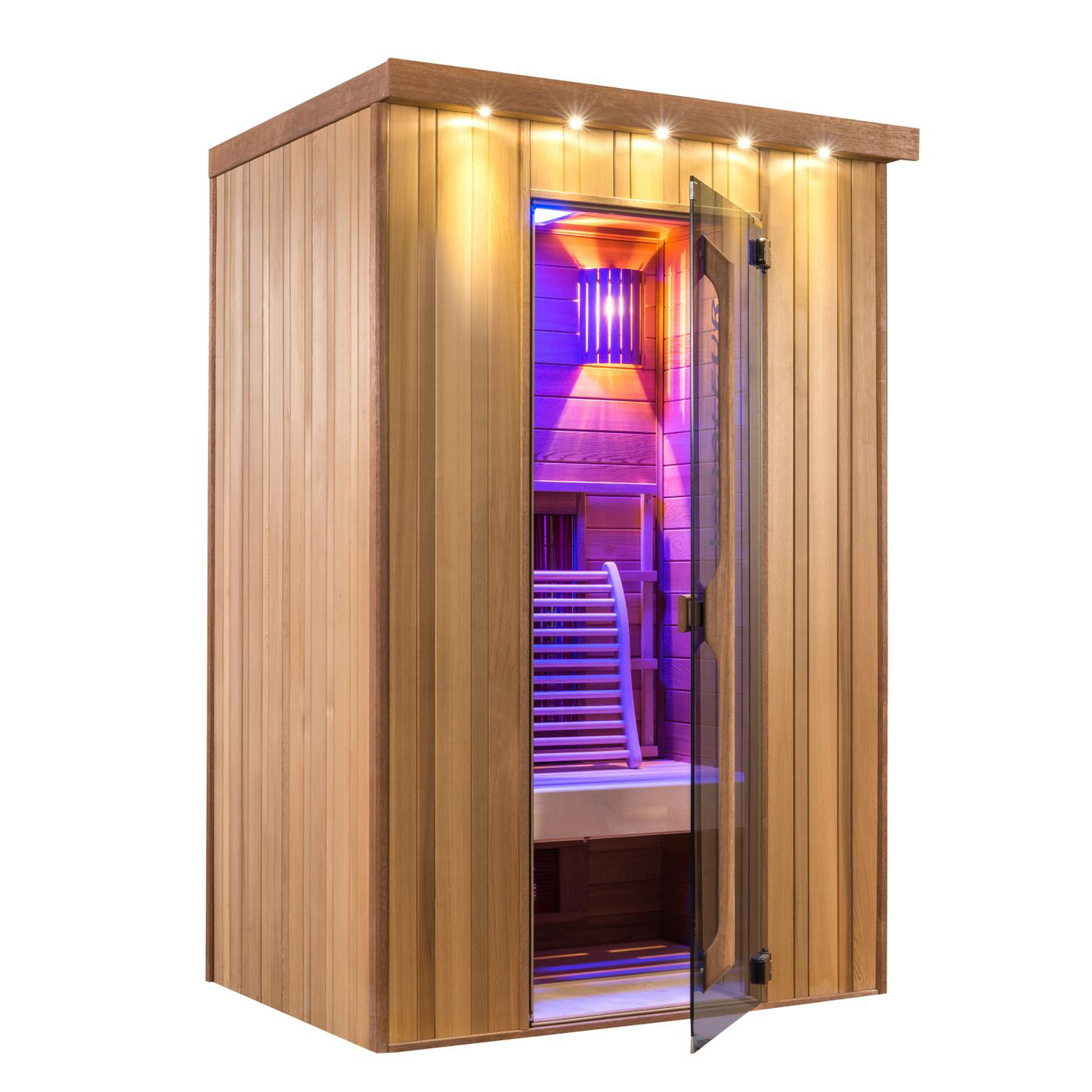 Sauna compatta da giardino in legno con porta in vetro aperta e illuminazione interna colorata