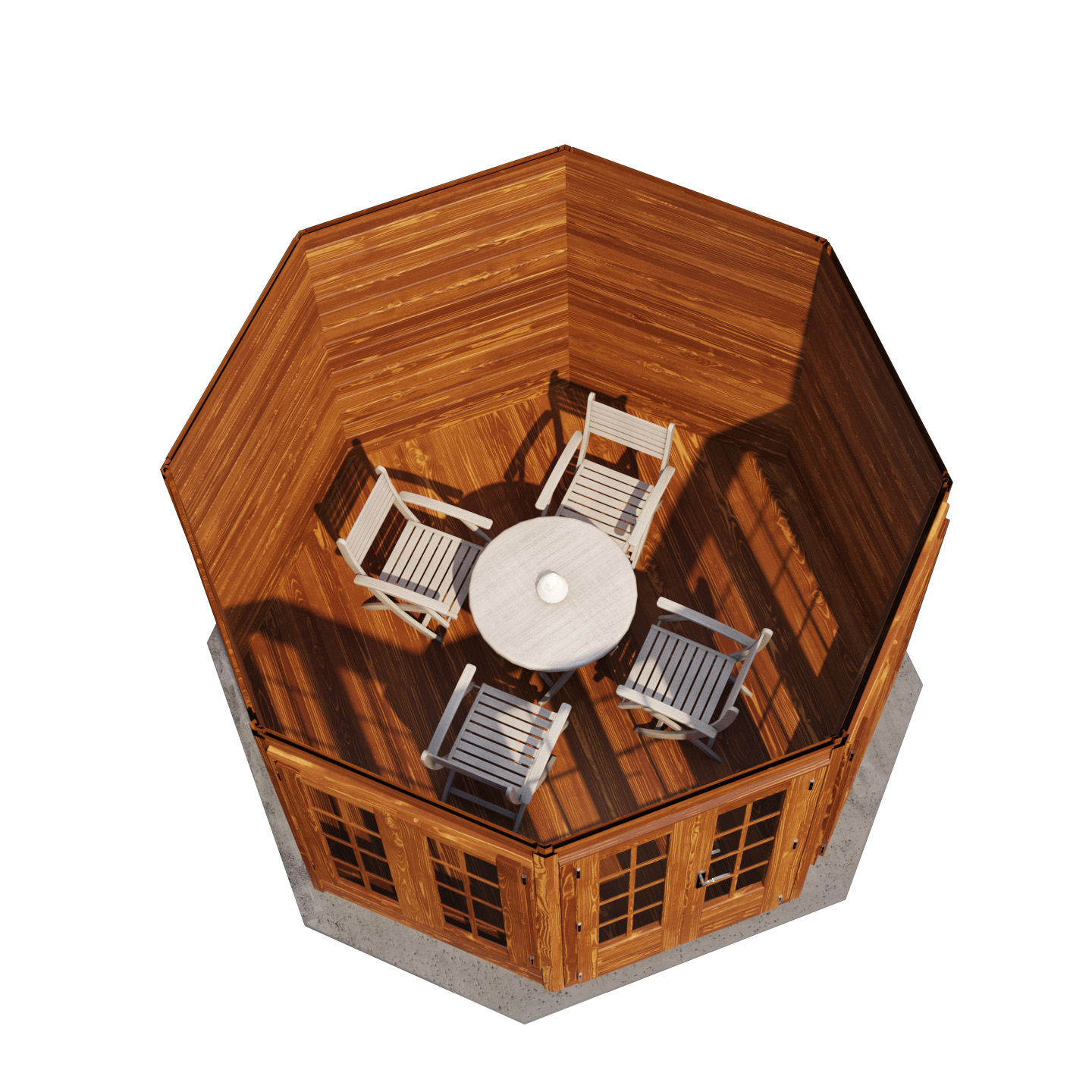 Vue aérienne d'une maison de jardin octogonale avec table et chaises sur la terrasse
