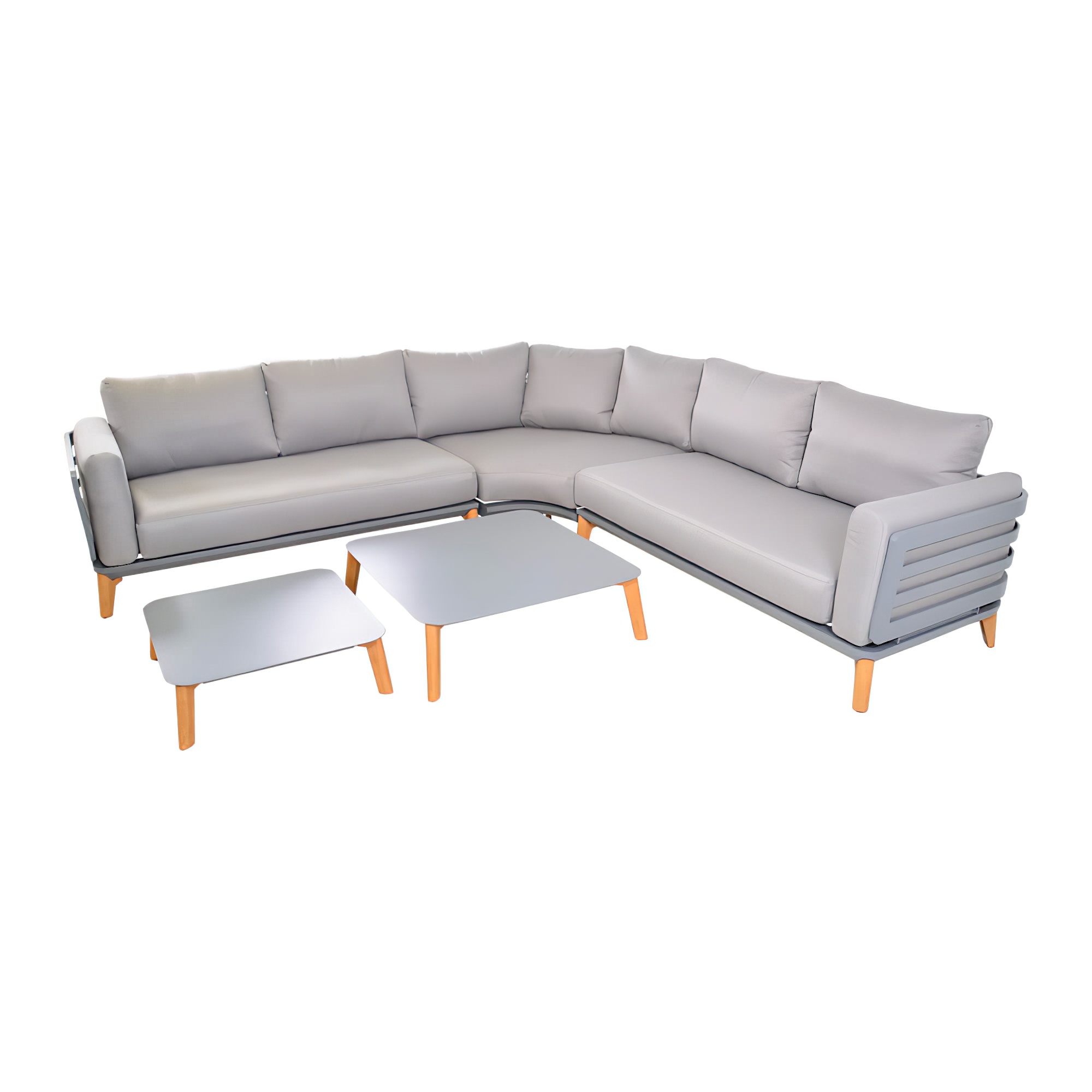 Canapé d'angle de jardin gris clair moderne avec deux tables basses assorties en bois et métal