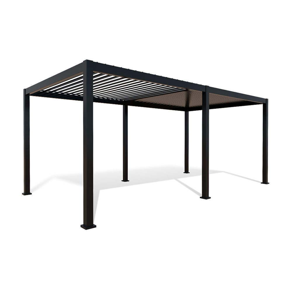 Copertura per terrazza da giardino in metallo nero con tetto a lamelle per protezione dal sole