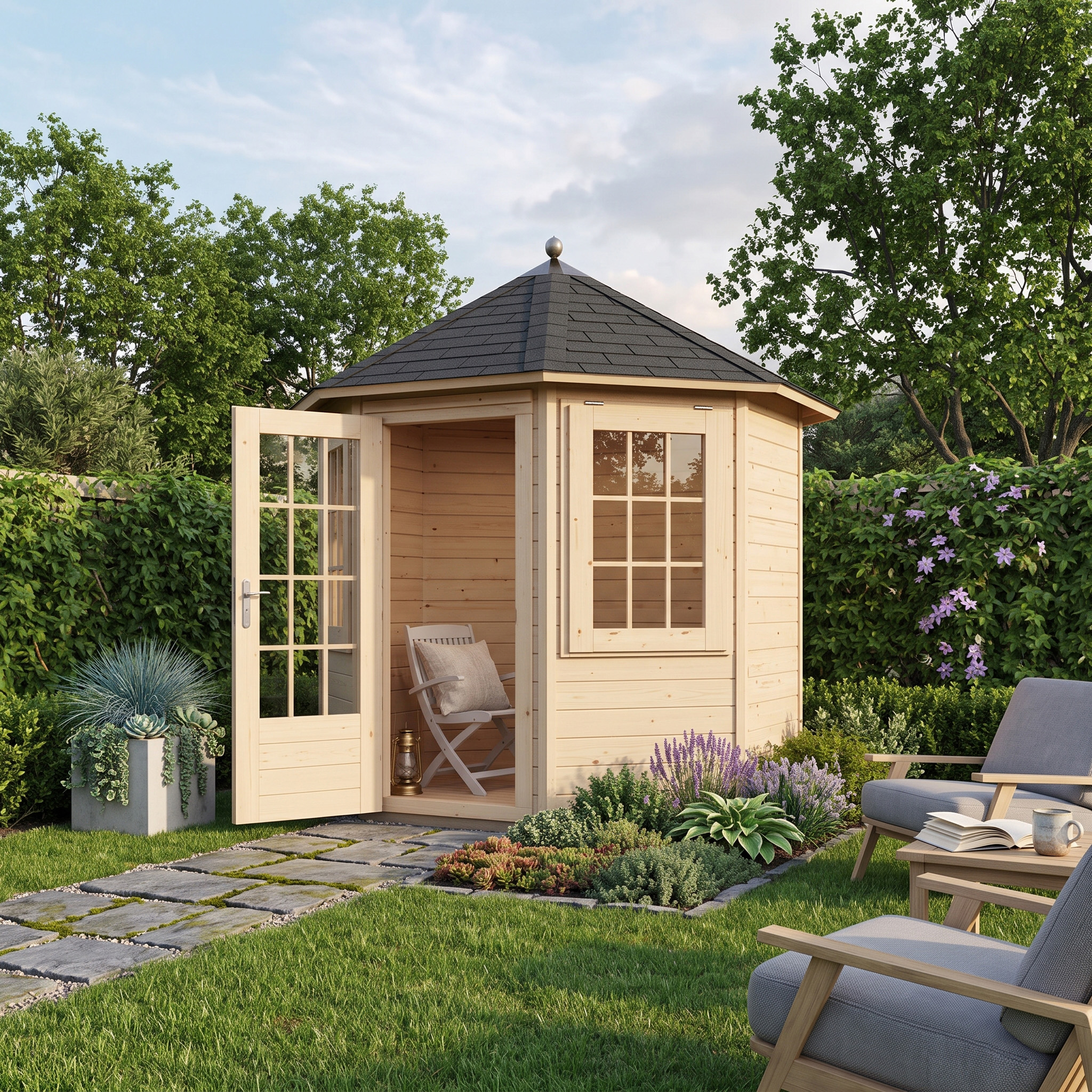 Cabane de jardin compacte en bois dans un jardin verdoyant avec porte ouverte et chaise