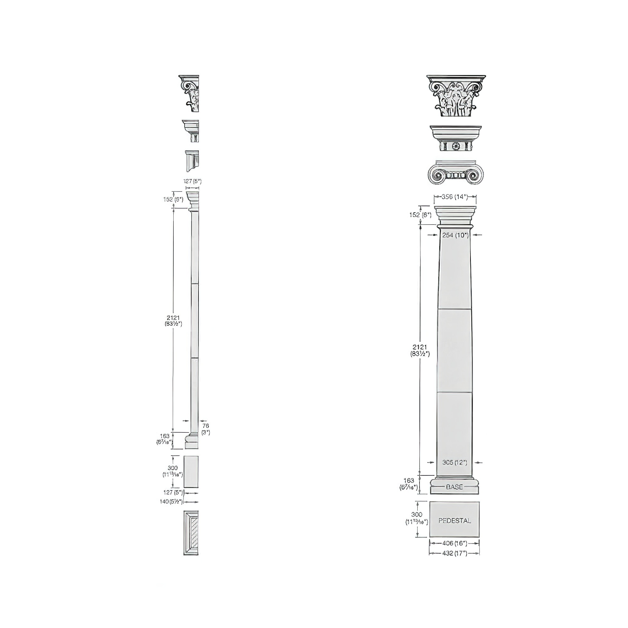 Technische Zeichnung einer Gartensäule mit detaillierten Abmessungen und Verzierungen