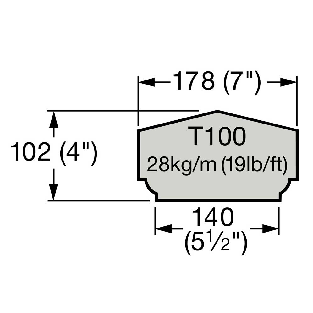 Technische Zeichnung eines T100 Profils mit Abmessungen in Zoll und Gewicht