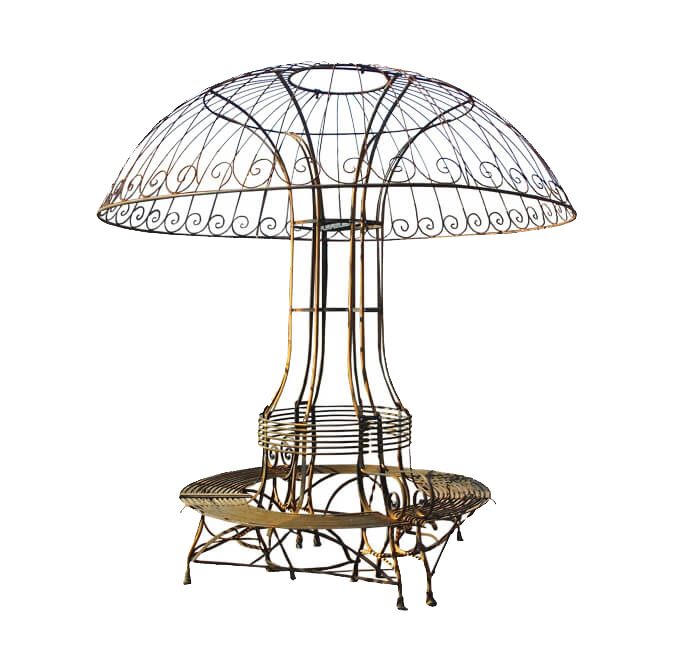 Table de jardin ronde avec structure métallique intégrée en forme de champignon comme protection solaire