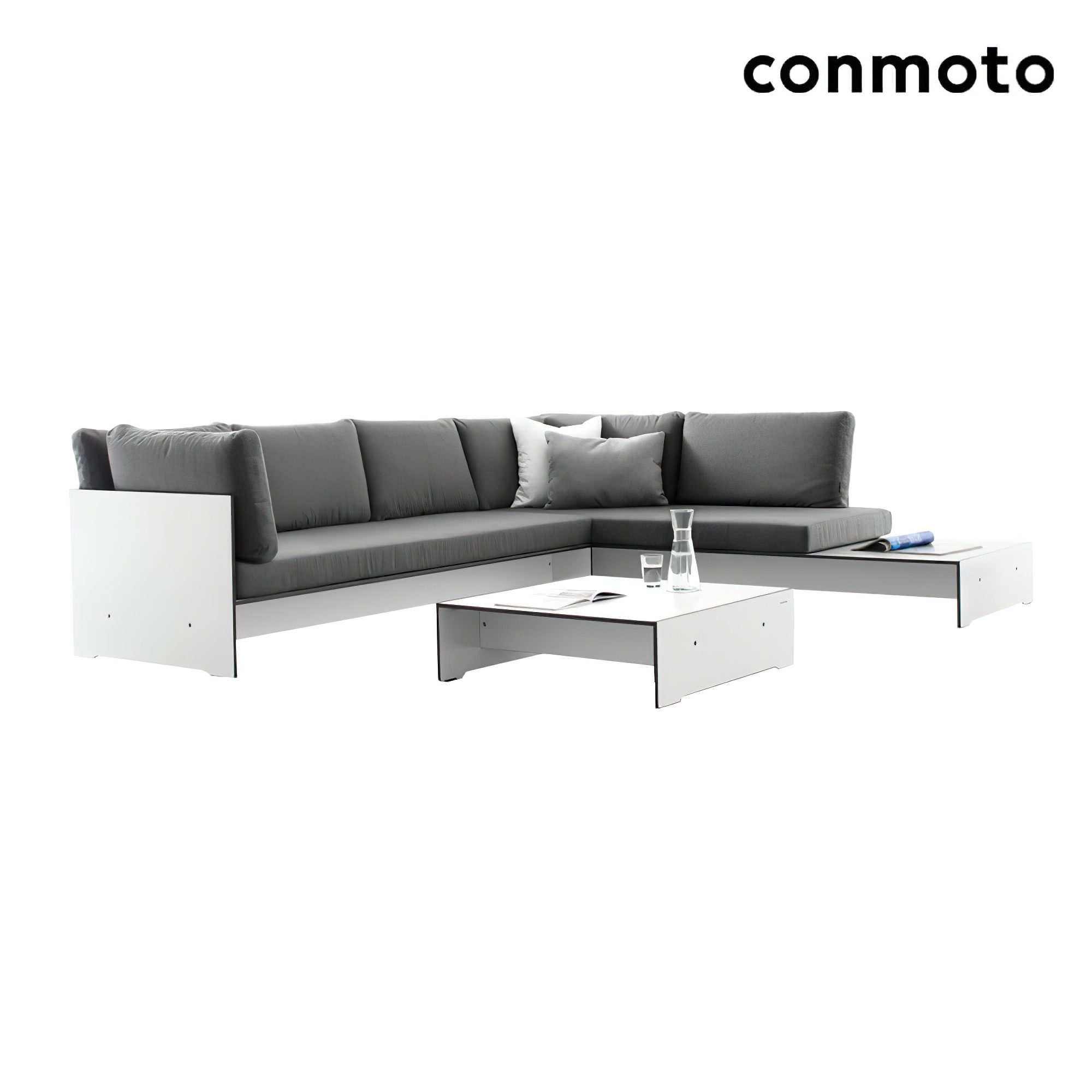 Canapé d'angle de jardin blanc et gris avec table, mobilier de jardin moderne