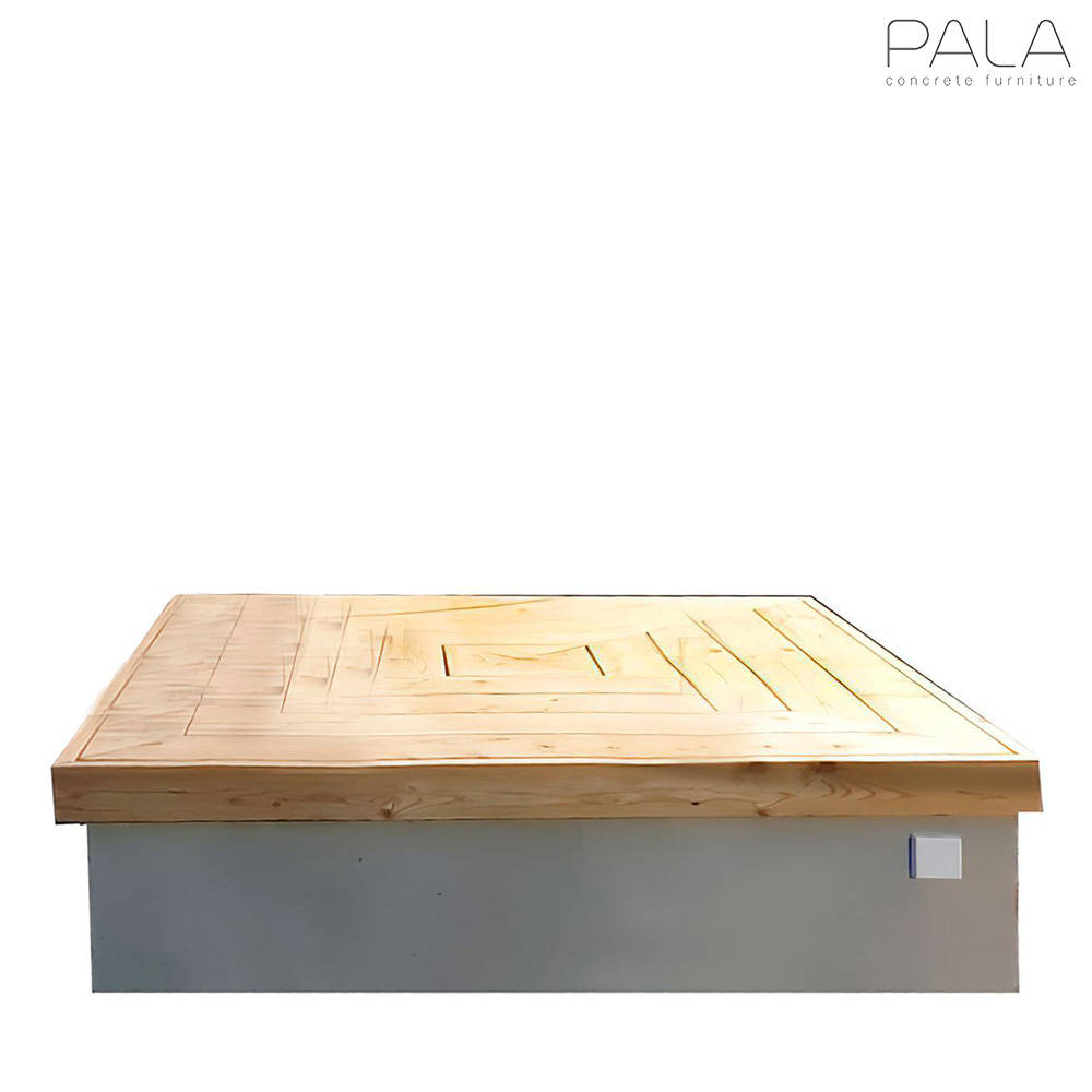 Quadratische Sitzinsel aus wetterfestem Beton und Lärchenholz - Veti