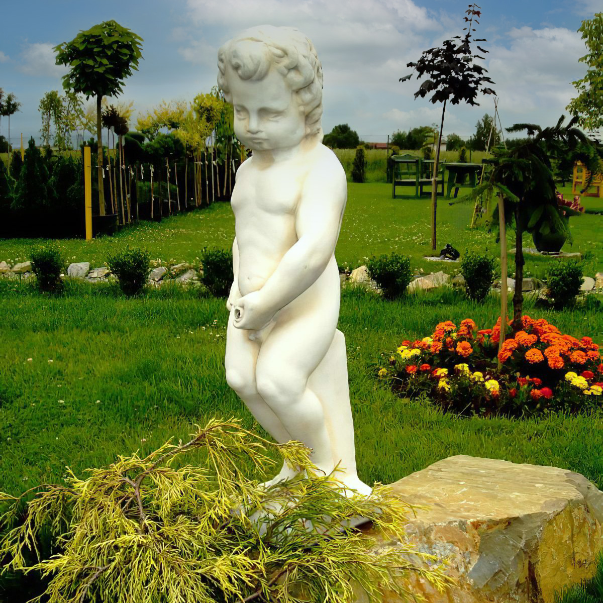 Manneken Pis als Steinguss Wasserspeier Figur für den Gartenteich - Leonidas / Etna