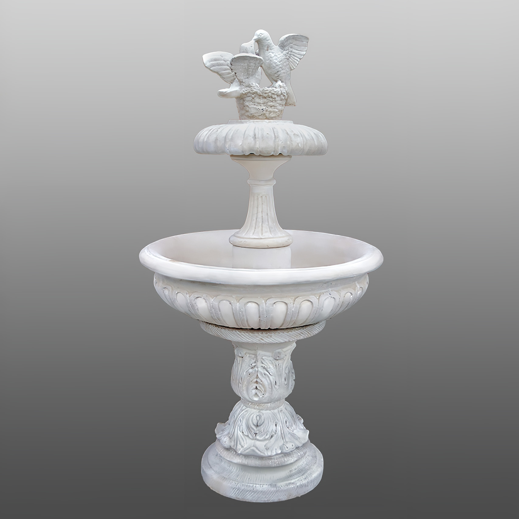 Stilvoller Garten Springbrunnen aus Steinguss mit Tauben Skulptur - Sophie / Antikia