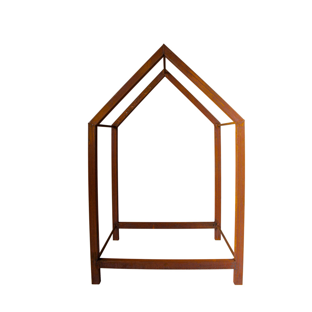 Hausförmiges Kaminholzregal aus Rostmetall als dekorativer Gartenhelfer - Legno Casa