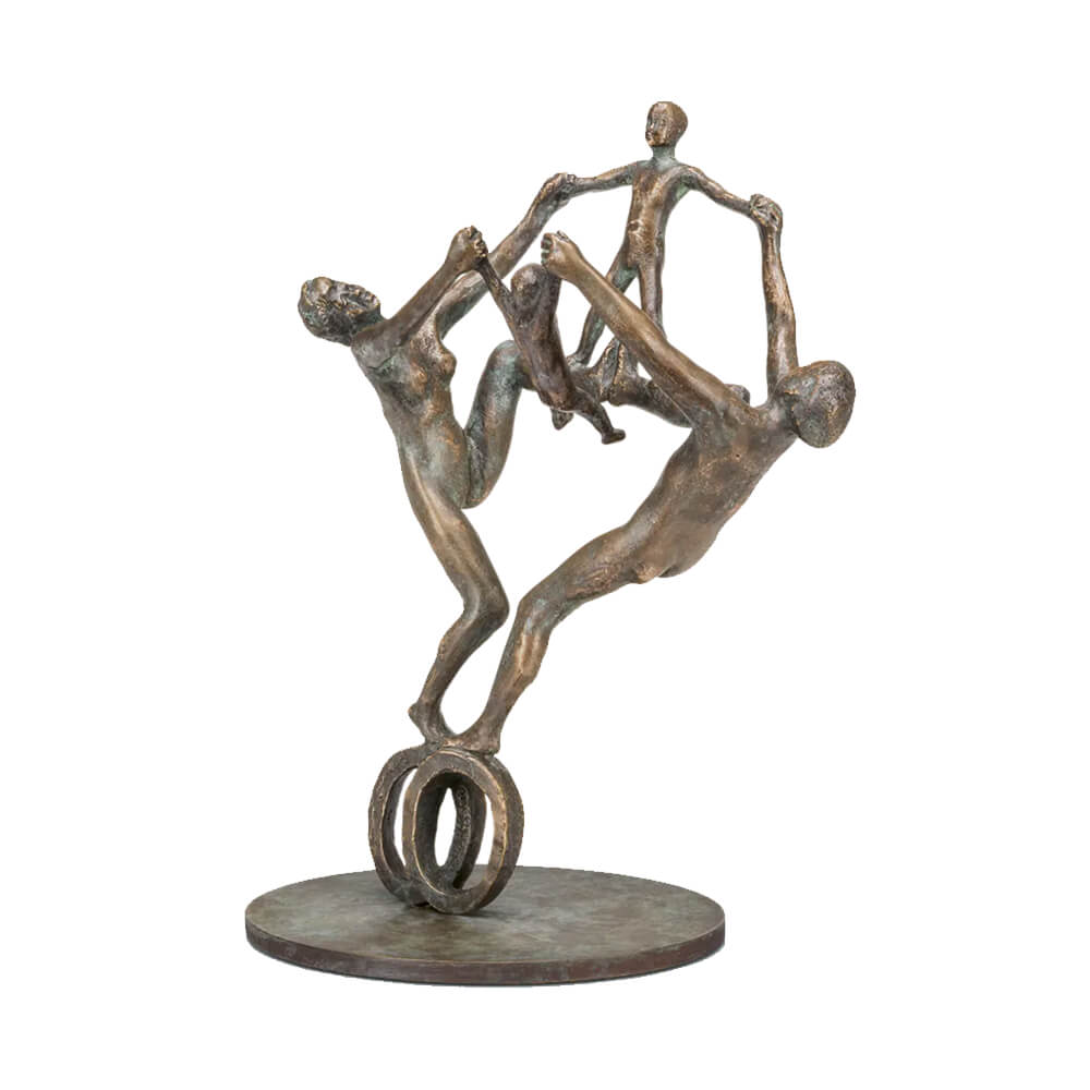 Artistenfamilie aus Bronze - limitierte Gartenstatue - Familie auf Rädern