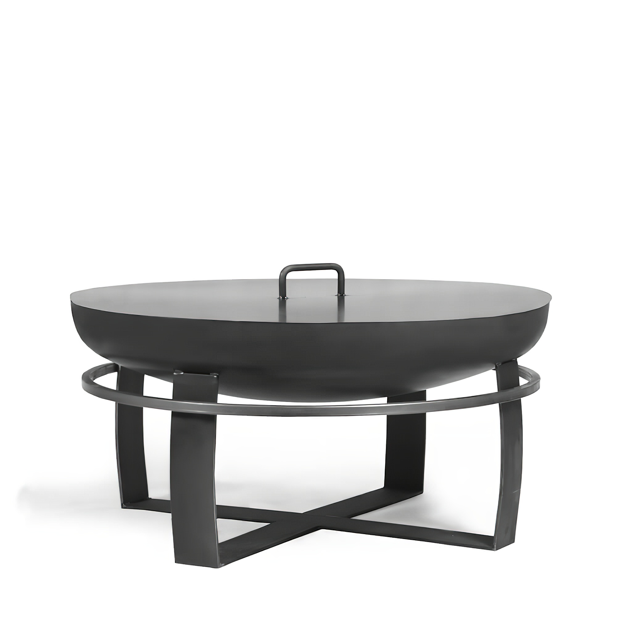 Runder schwarzer Feuerkorb aus Metall mit Griff und stabilem Ständer, ideal für Gartendeko