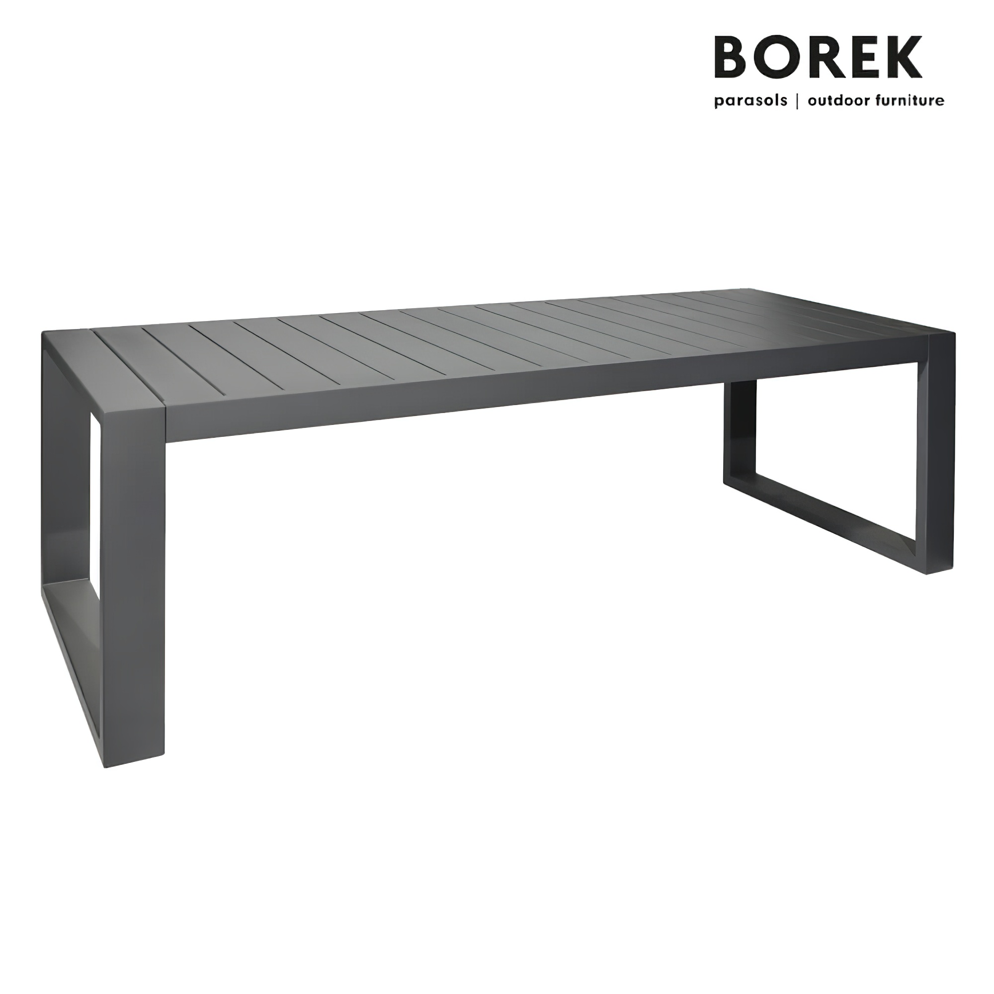 Moderner grauer Gartentisch mit schlichter, rechteckiger Form aus Aluminium für den Außenbereich