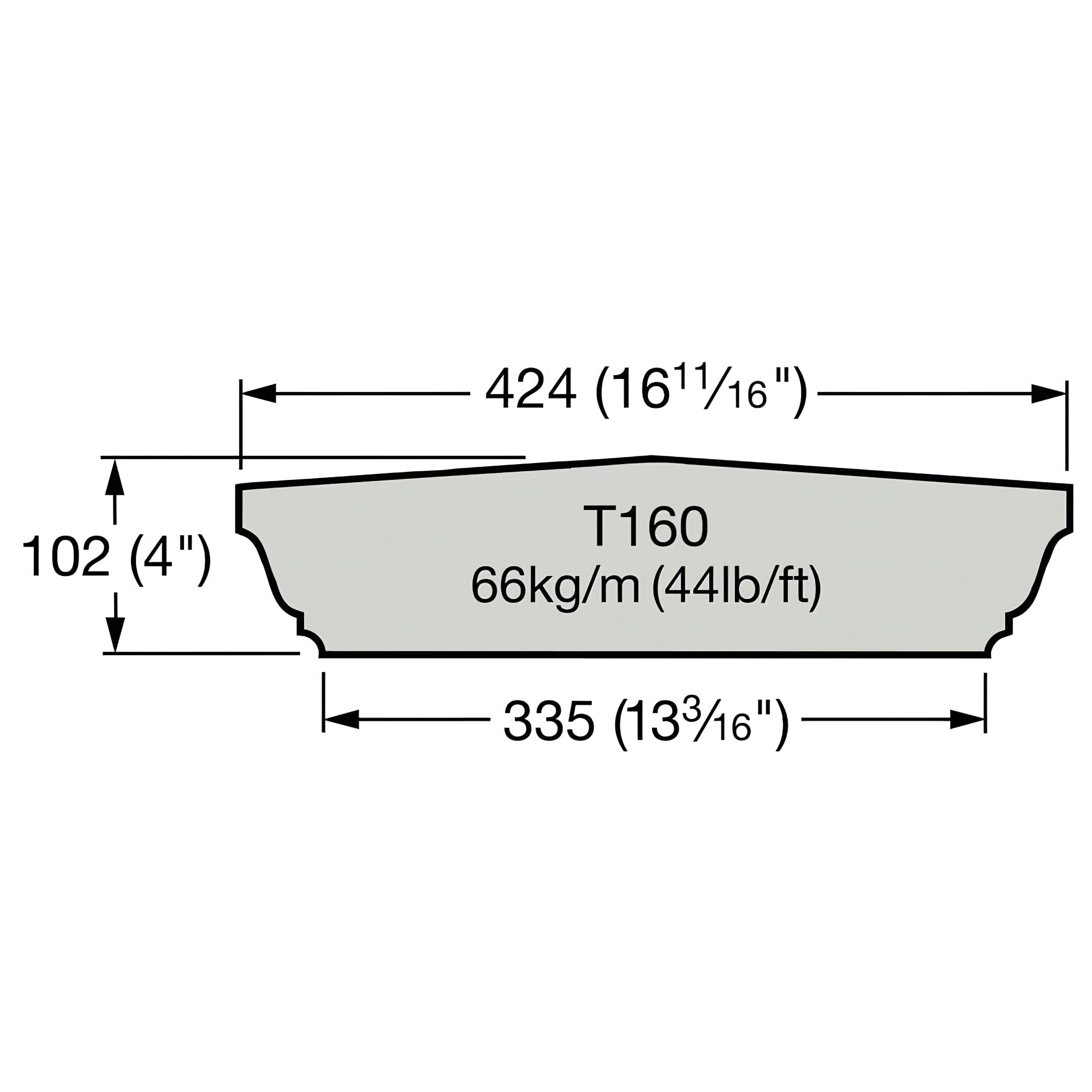 Diagramm eines T160 Stahlträgers mit Abmessungen in Millimetern und Zoll, 66 kg/m Gewicht