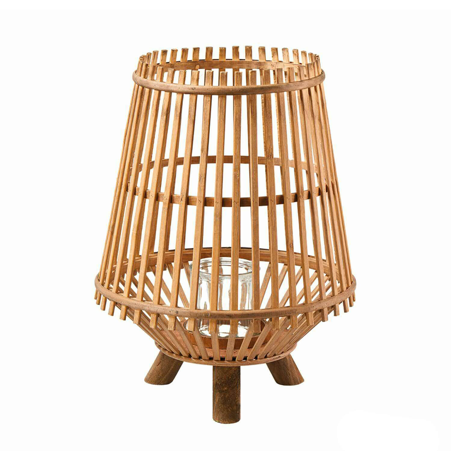 Bambusholz Laterne rund mit Standfüßen & Glaseinsatz - Lithena / 52,0x37,0cm (HxDm)