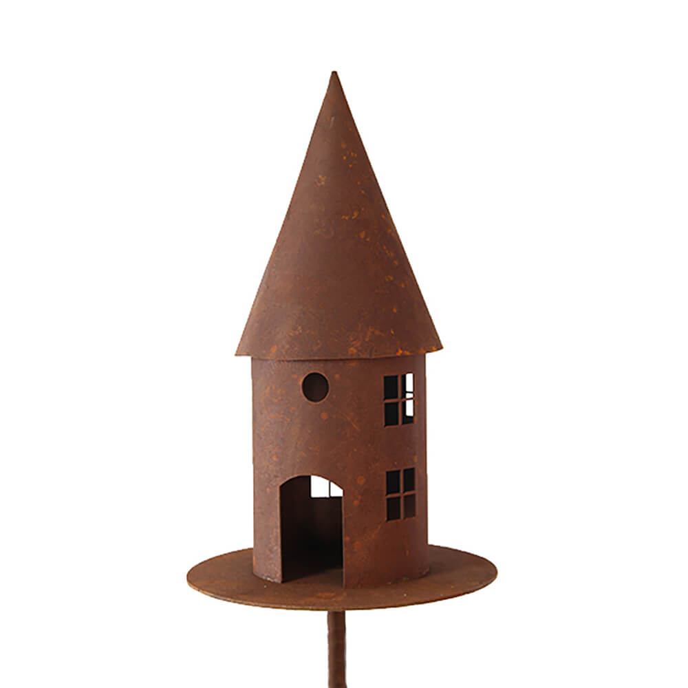 Vogelhaus auf runder Platte aus Rost Metall  - Carvium / 66x12cm (HxDm)