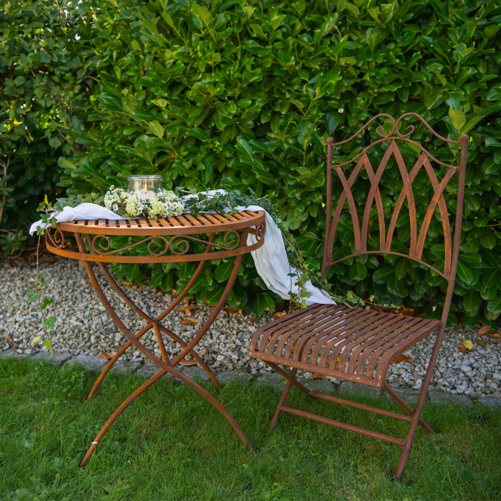 Stilvolles Gartenmöbel-Set aus Rost Metall - runder Gartentisch & Stuhl - Tavola & Sedia / mit 2 Stühlen