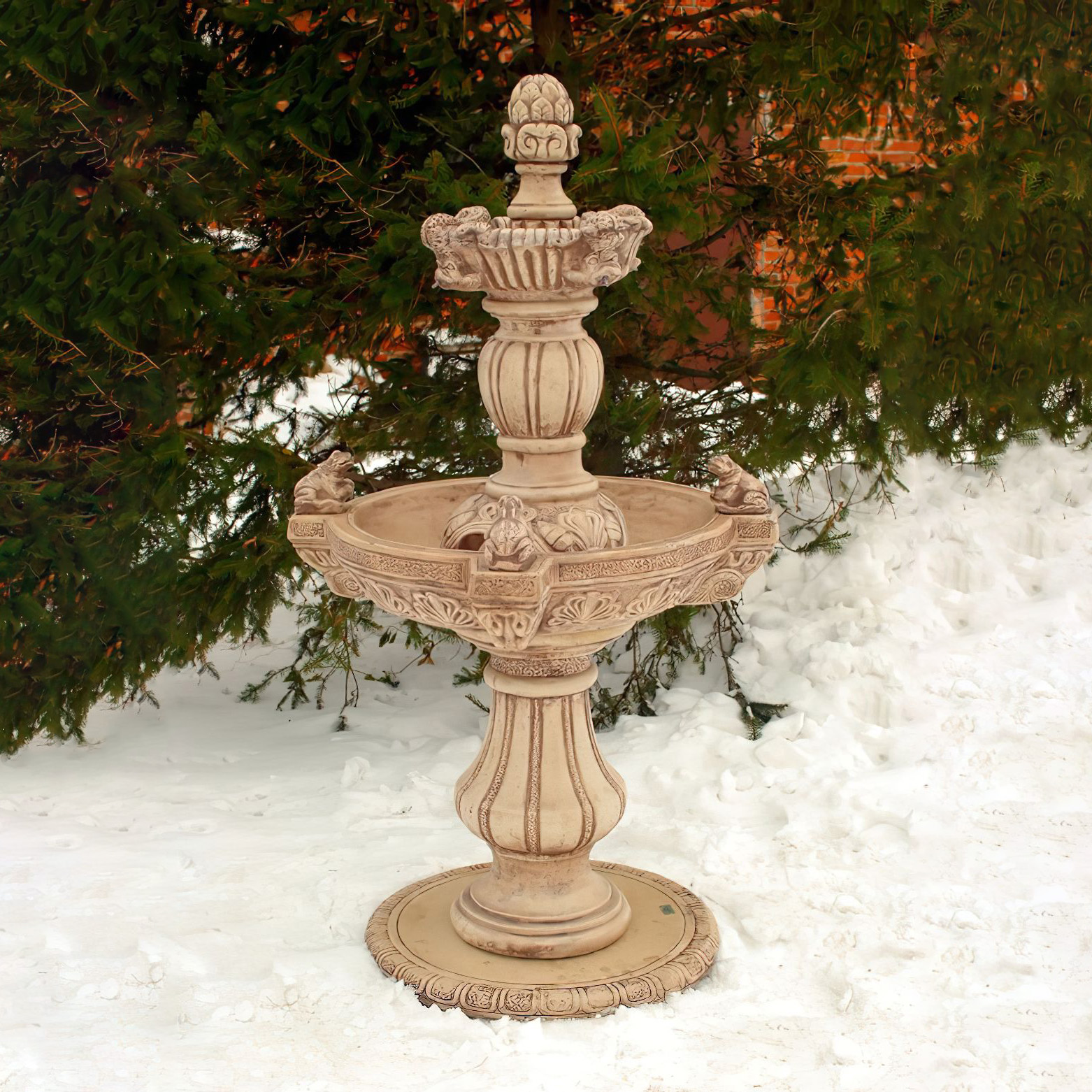 Garten Springbrunnen aus Steinguss mit wasserspeienden Froschfiguren - Licia / Etna
