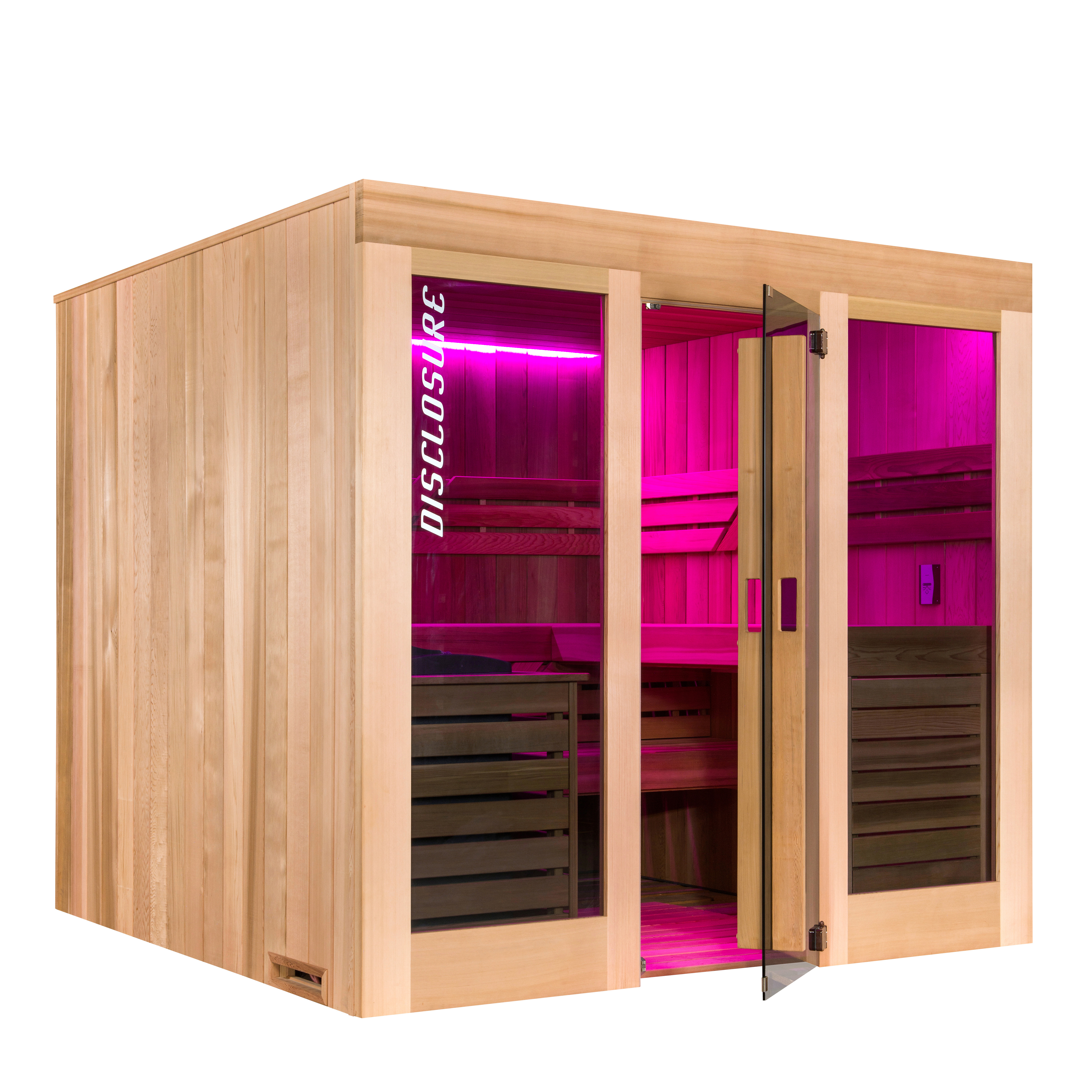 Sauna de jardin en bois avec porte vitrée et éclairage LED intérieur rose