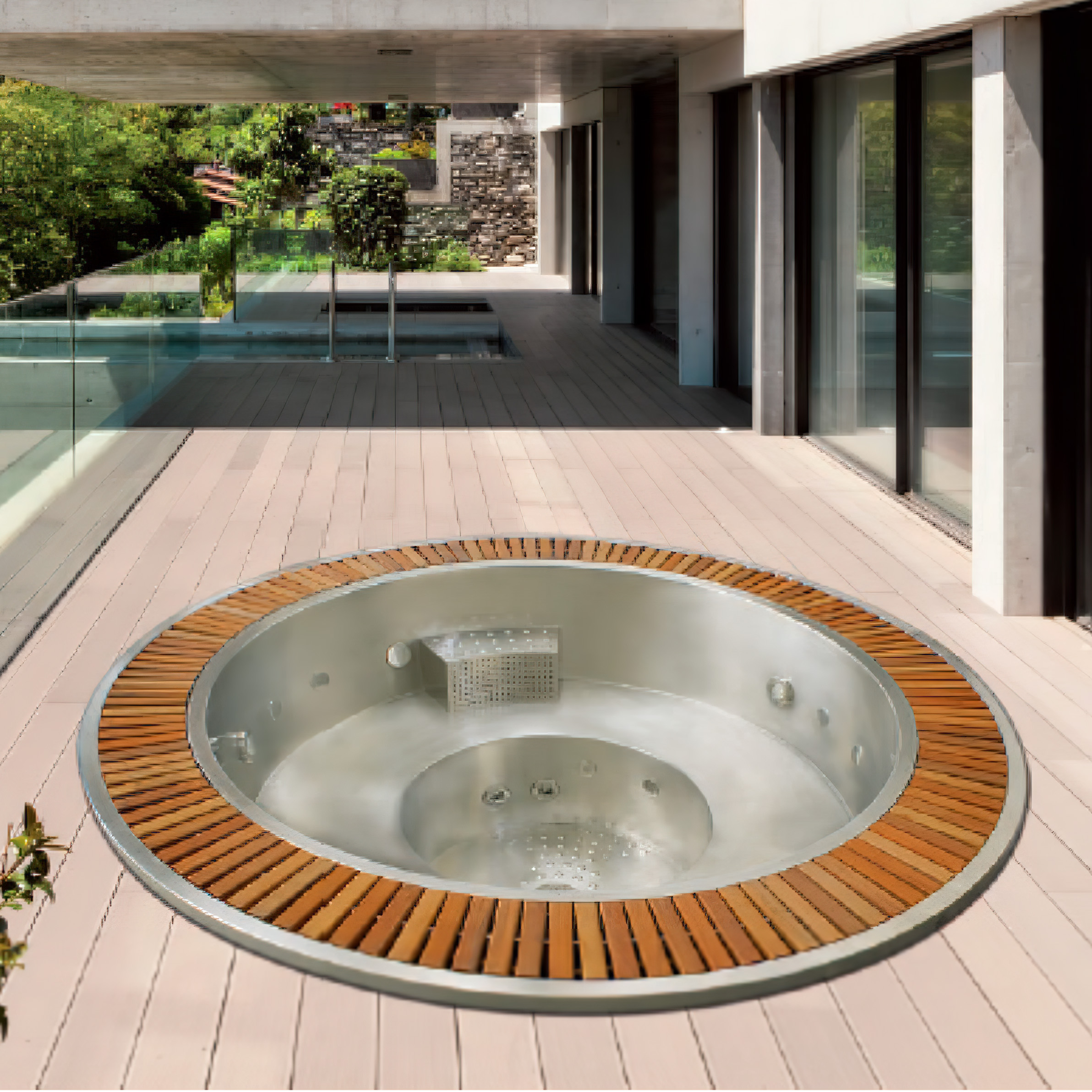 Runder 6-Sitzer Whirlpool - verschiedene Massageoptionen und Holzoptik Details - Salama / ohne Filter- und Pumpsystem