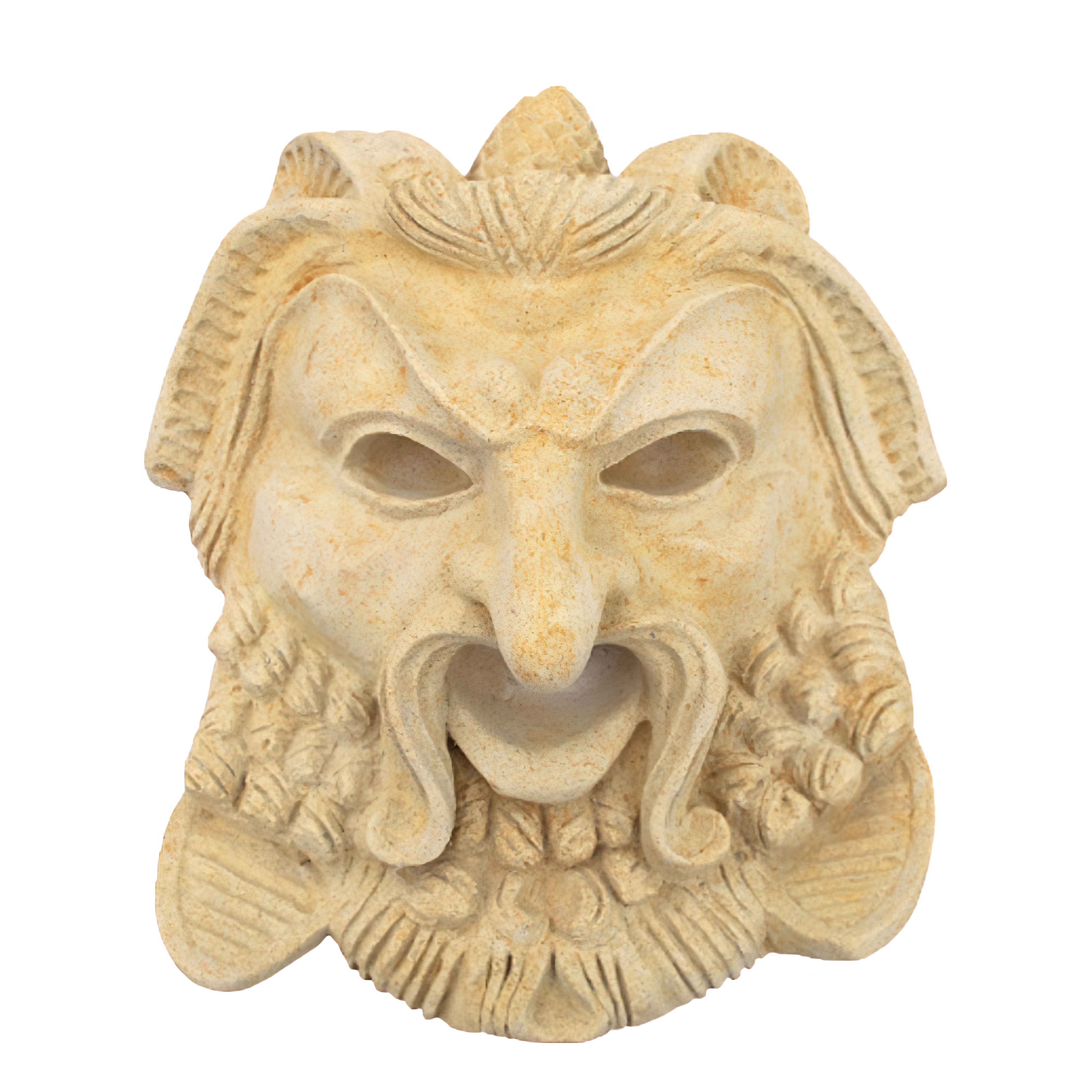 Maschera in pietra per giardino con viso e dettagli decorativi antichi