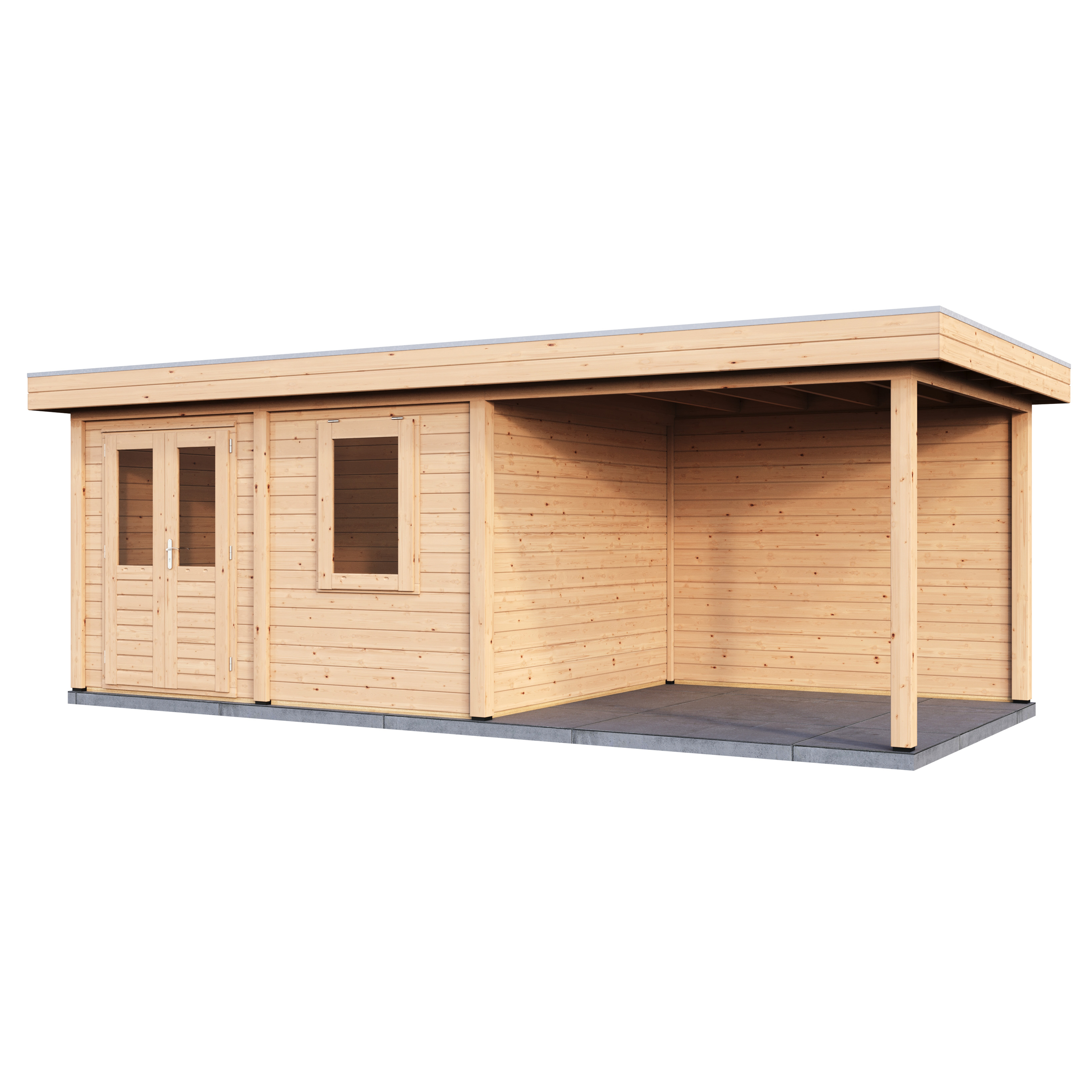Maison de jardin en bois avec carport attenant sur fond blanc