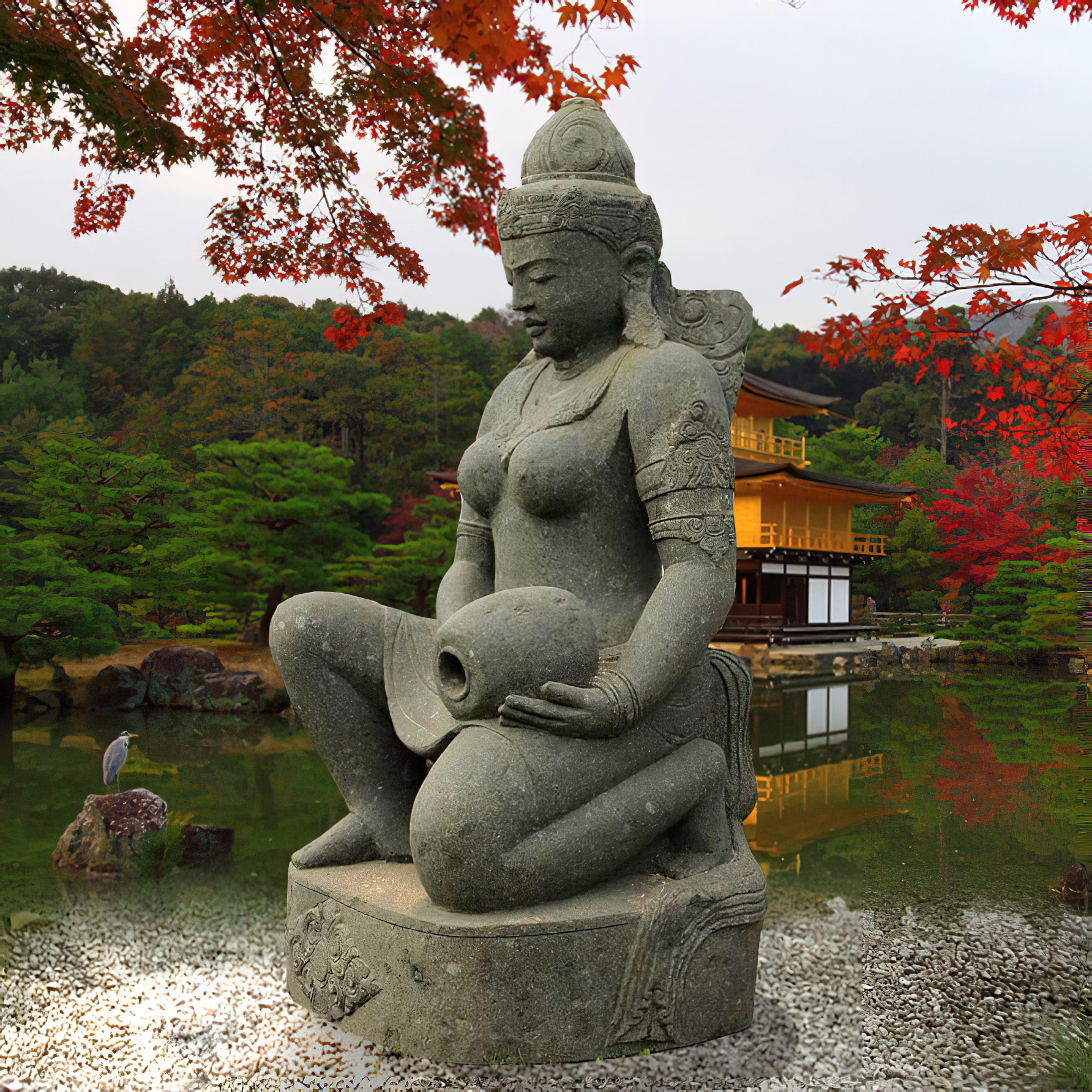 Statue en pierre d'une femme assise tenant une jarre dans un jardin japonais avec feuillage d'automne