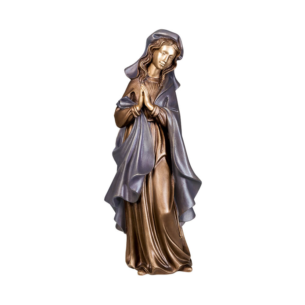 Statua decorativa da giardino raffigurante una donna in preghiera con cappuccio, toni bronzo e blu