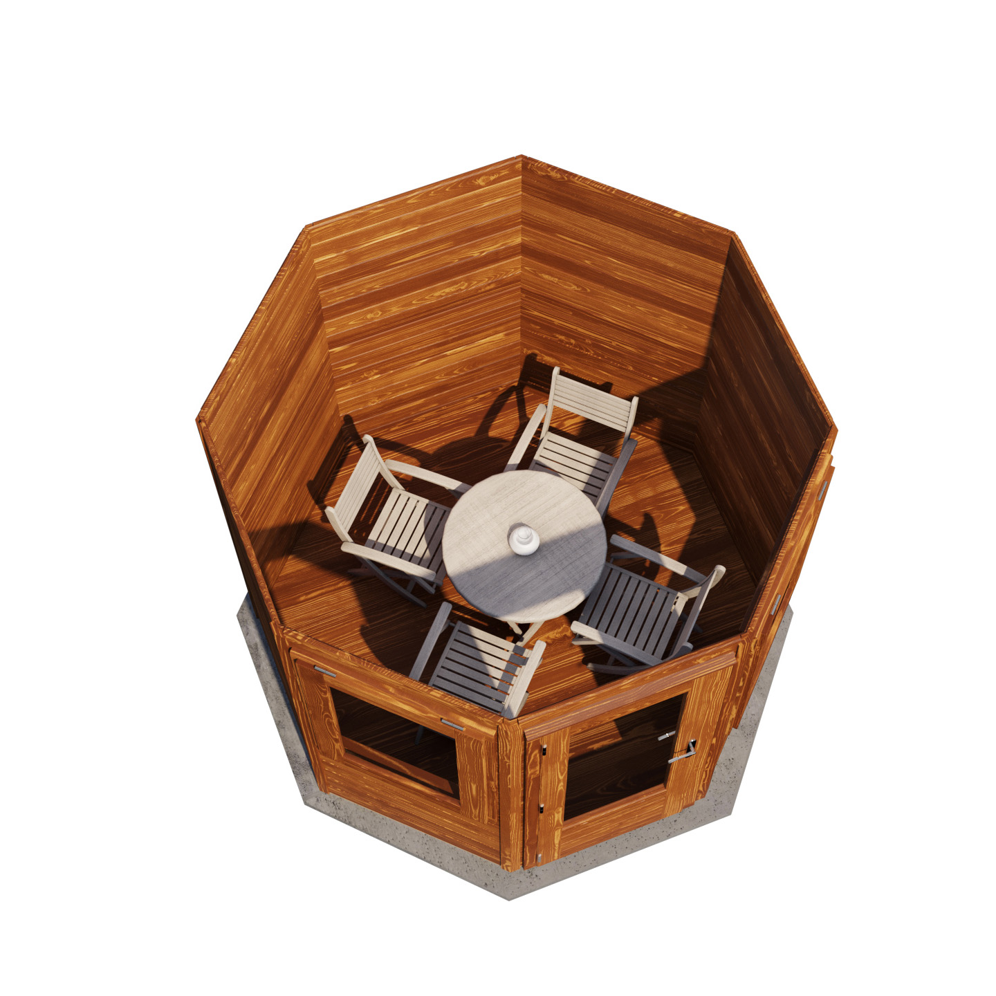 Kiosque en bois vu de dessus avec une table ronde et quatre chaises de jardin