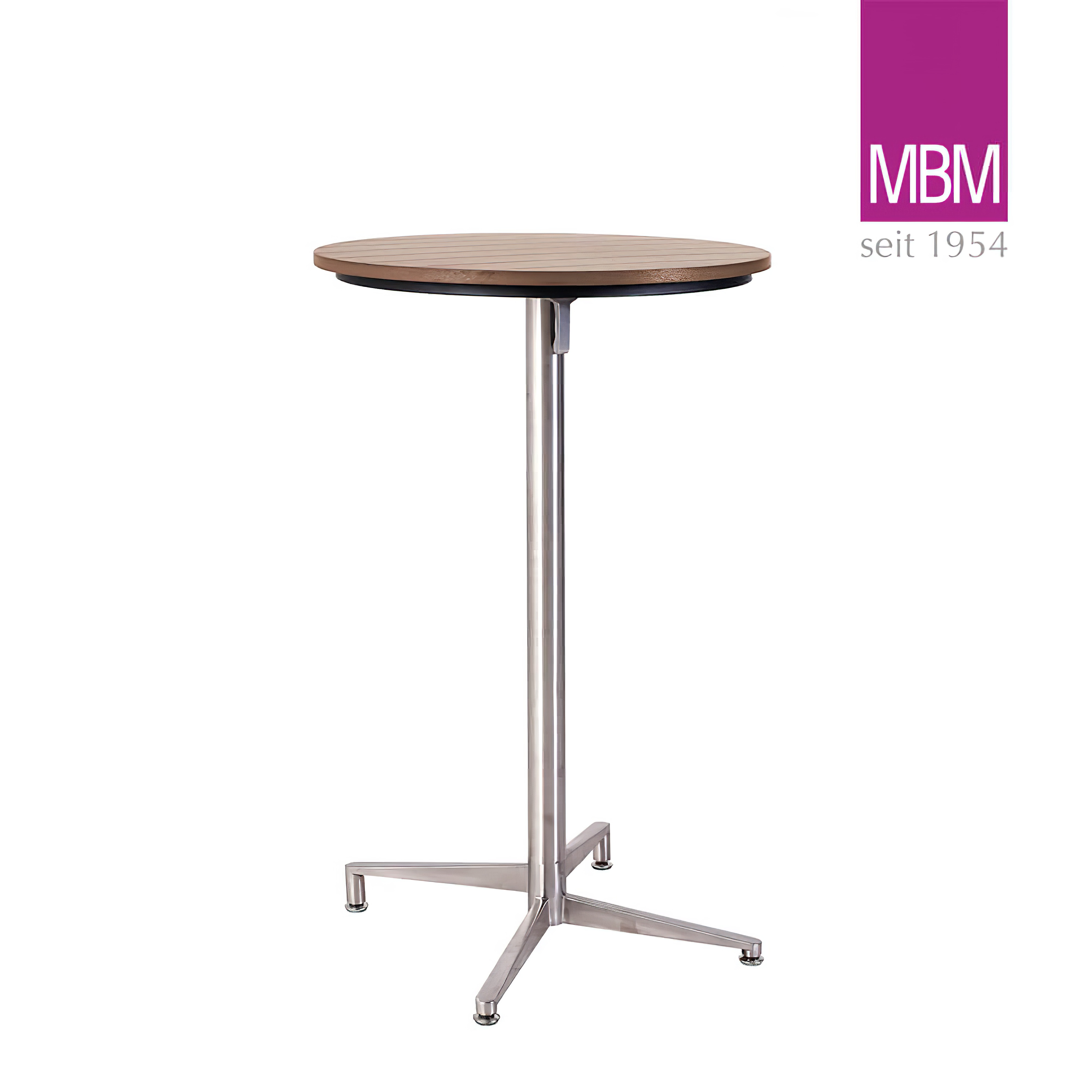 Table haute moderne ronde avec plateau en bois et pied métallique à quatre branches, parfaite pour jardin ou terrasse
