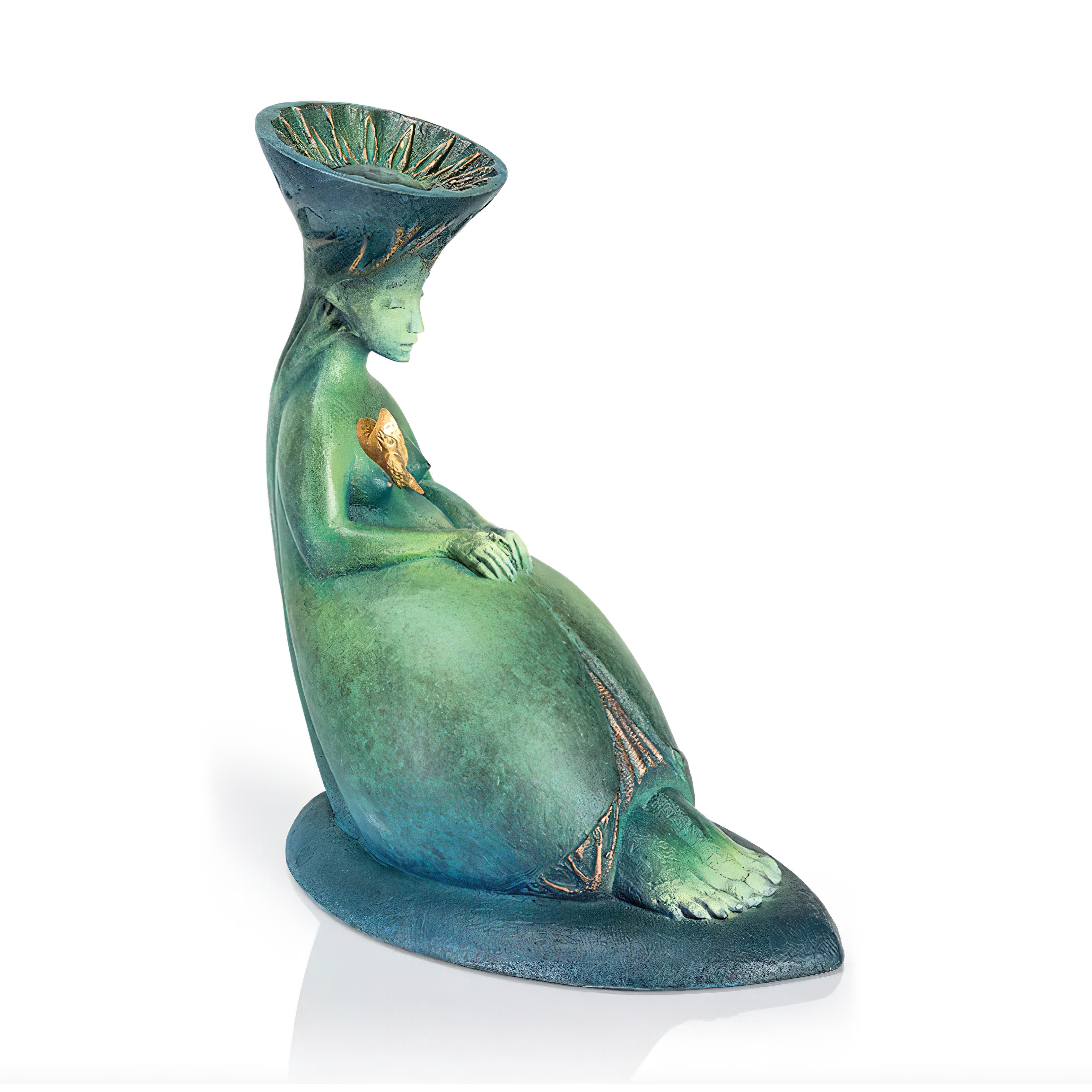 Bronze Mädchenskulptur mit goldenem Vogel - Singing Bird