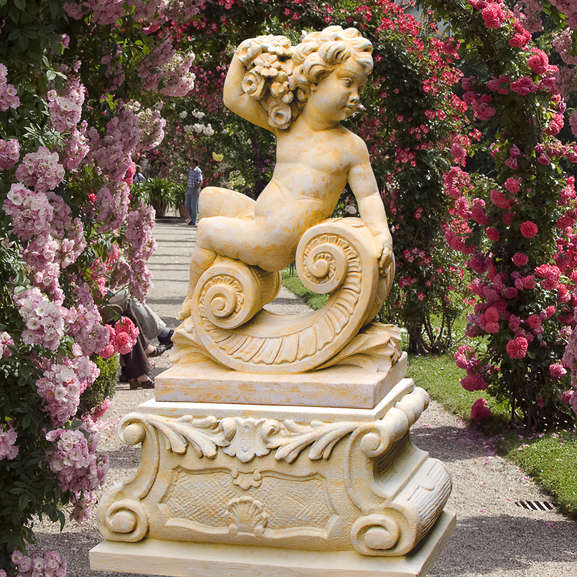 Große Barock Gartenskulptur Putte - Zechiel / Portland weiß / Ohne Sockel
