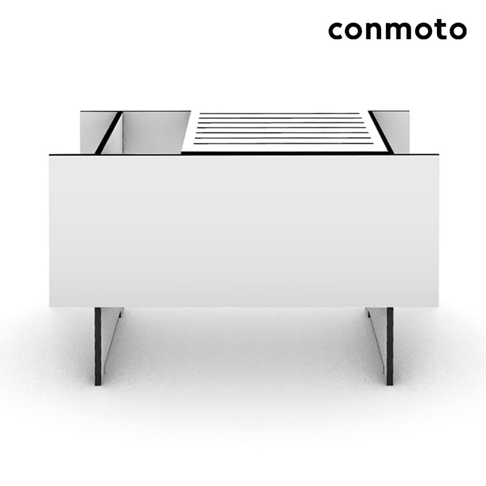 Table de jardin blanche avec lignes épurées et cadre noir sur fond blanc