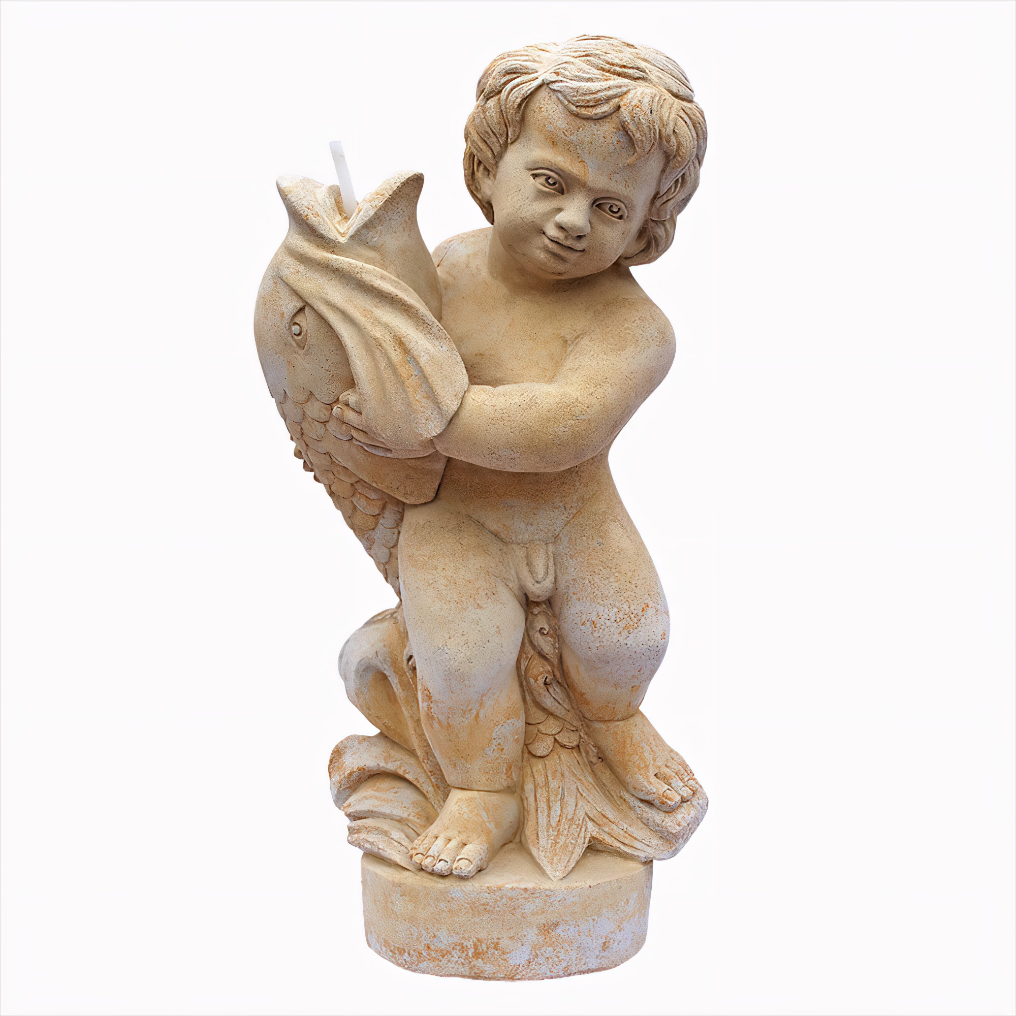 Adrette Speierskulptur Junge mit Fisch  - Adriano / Weiß