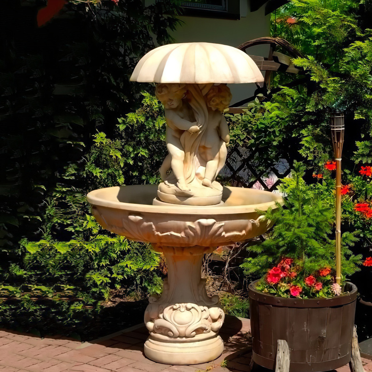 Steinguss Garten Springbrunnen mit Schirm - inklusive Pumpe - Valentin / Etna