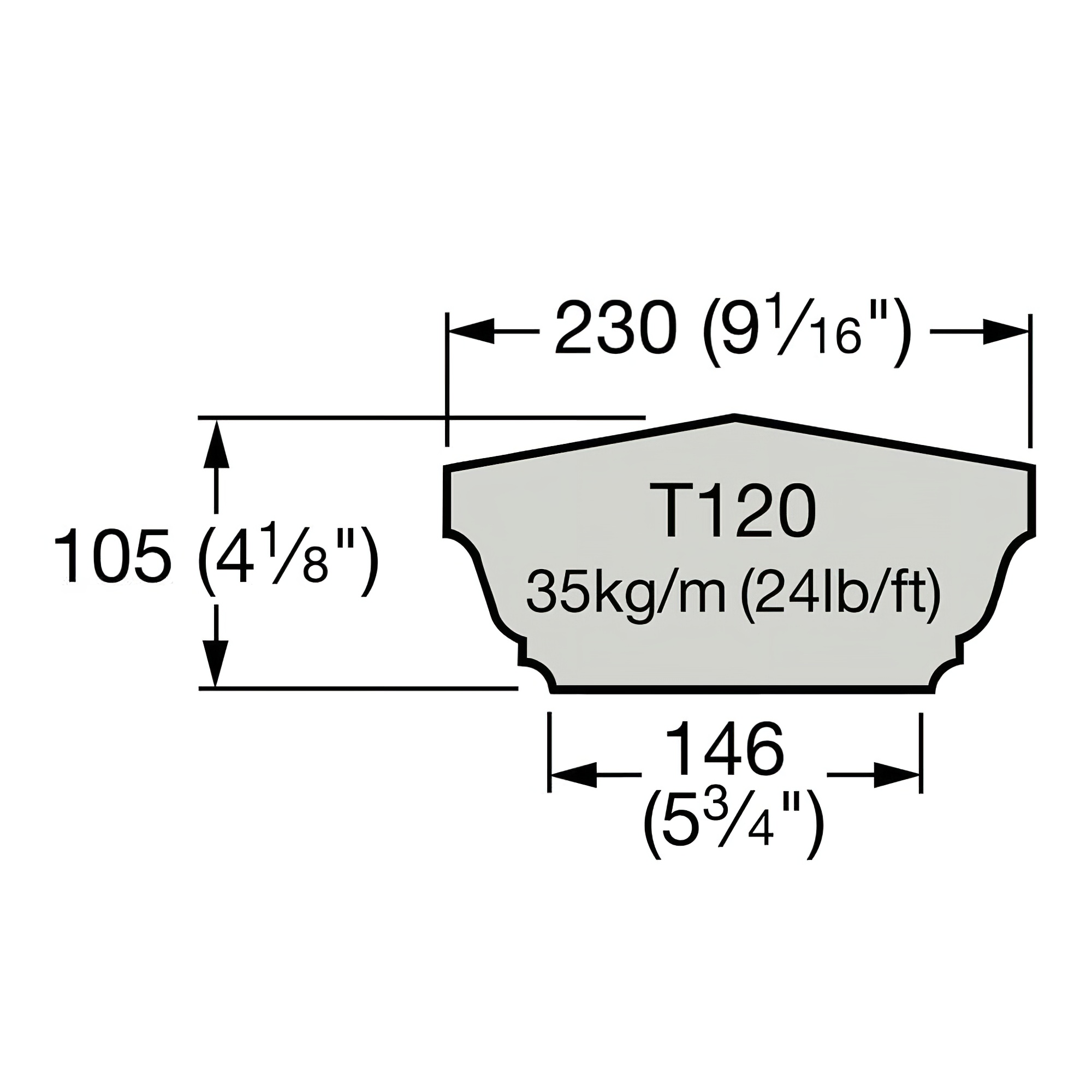 Querschnitt des Gartenholzes T120 mit Abmessungen und Gewicht pro Meter, passend für Gartendekoration