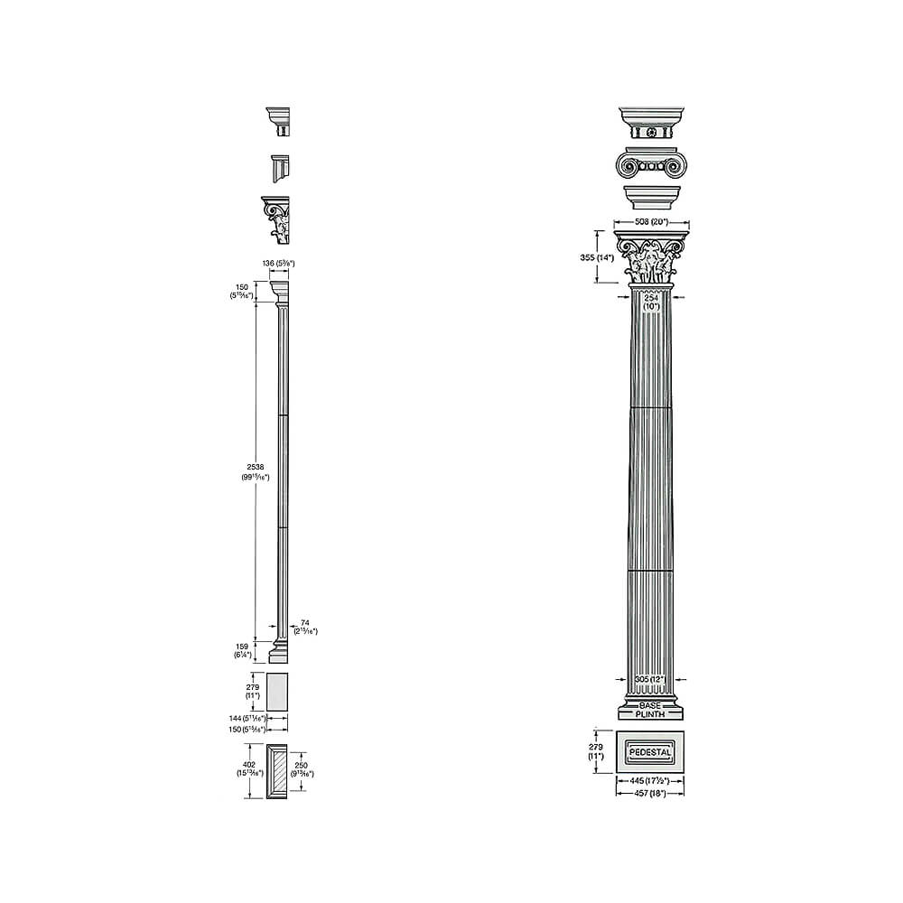 Dessin technique en noir et blanc d'une colonne de jardin classique avec dimensions dtailles