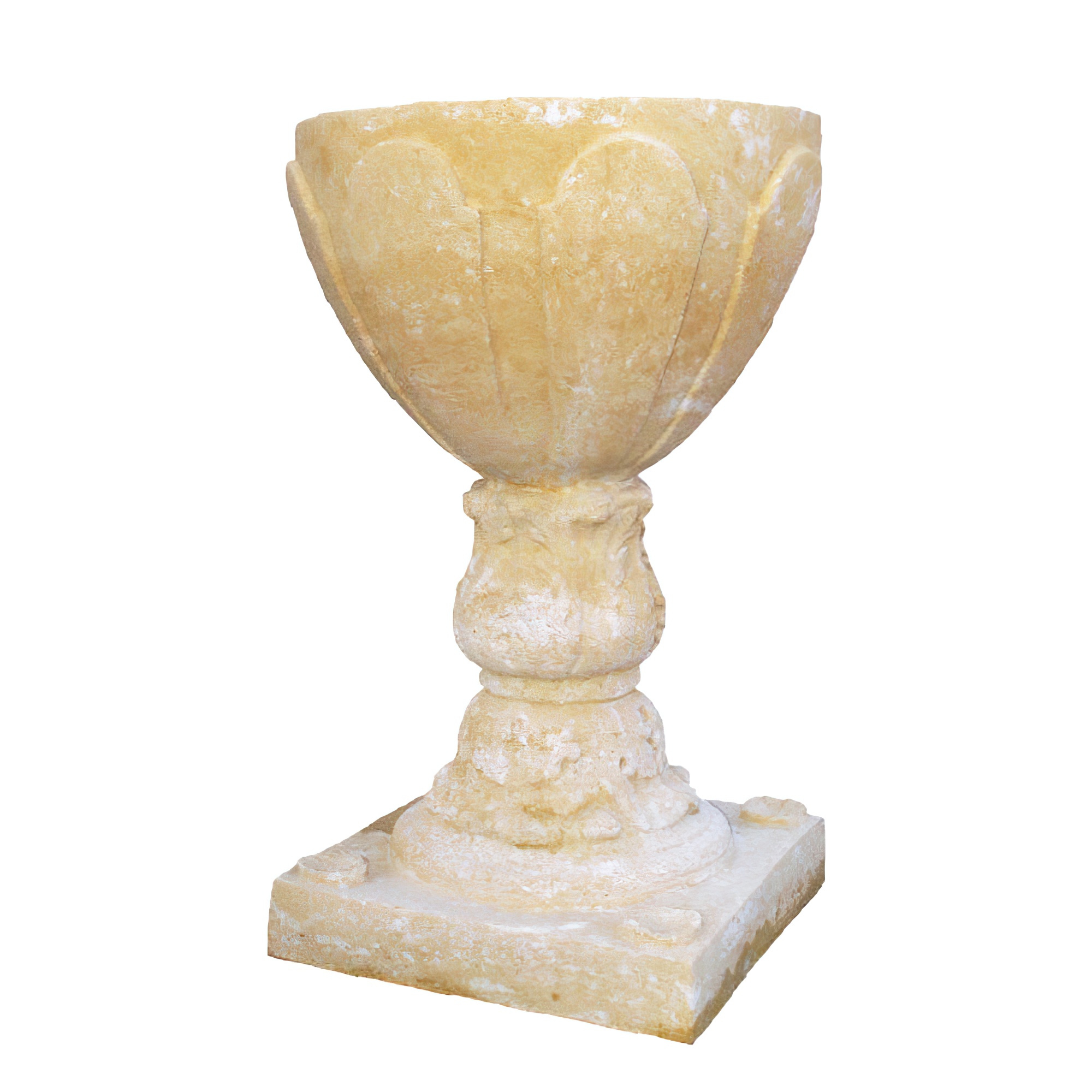 Kelchartiges Pflanzgefäß mit Sockel aus Steinguss - Kariri / Portland weiß