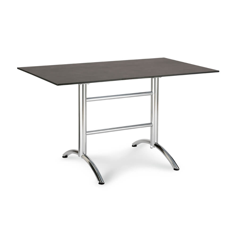 Table de jardin rectangulaire moderne avec plateau sombre et structure métallique argentée
