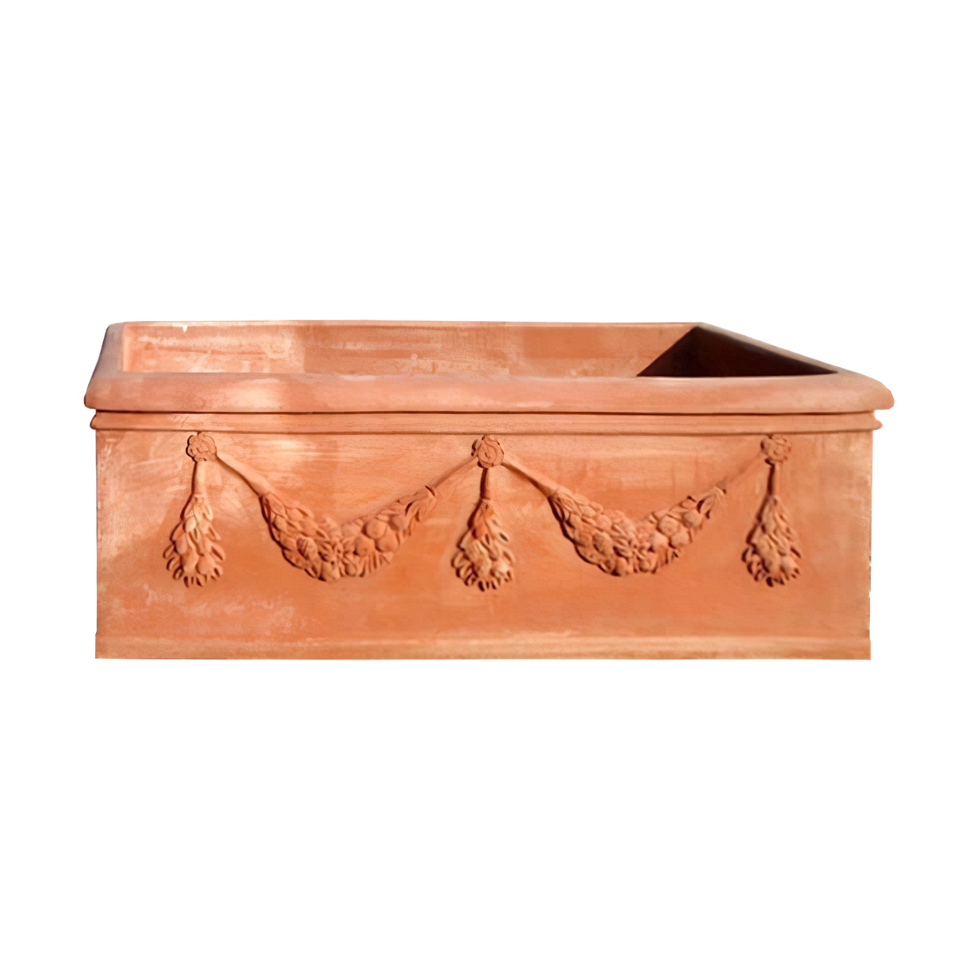 Vaso da giardino in terracotta con ghirlande floreali decorative