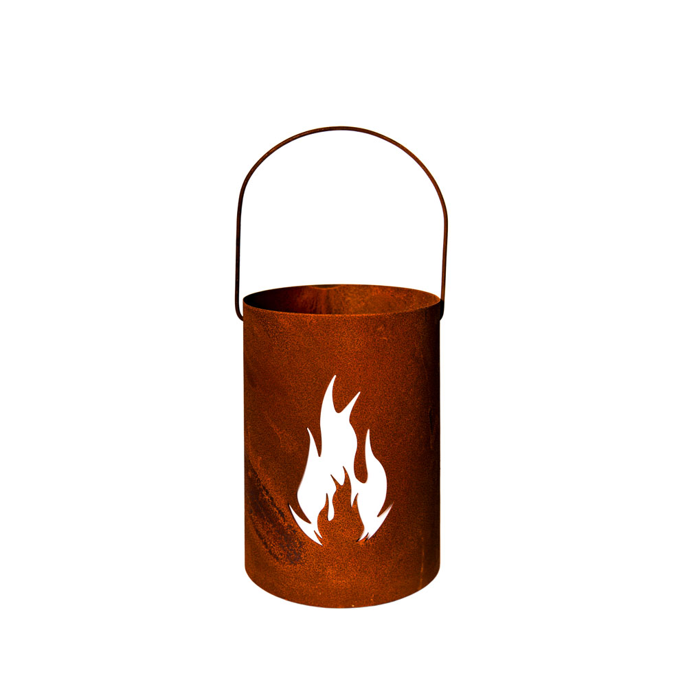 Metall Feuereimer mit Flammenmotiv und Henkel in Rostoptik - Fiamma