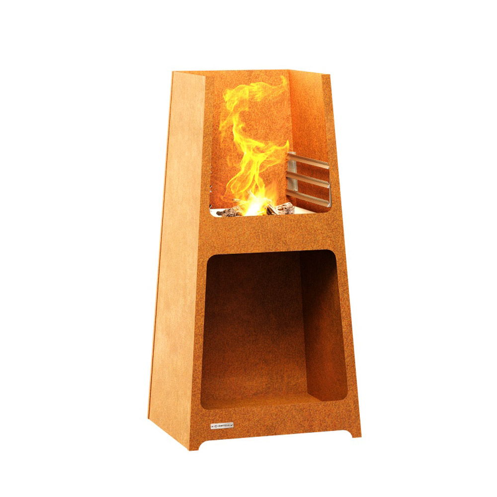 Colonne de feu carrée en acier rouillé avec flamme, élément décoratif pour jardin