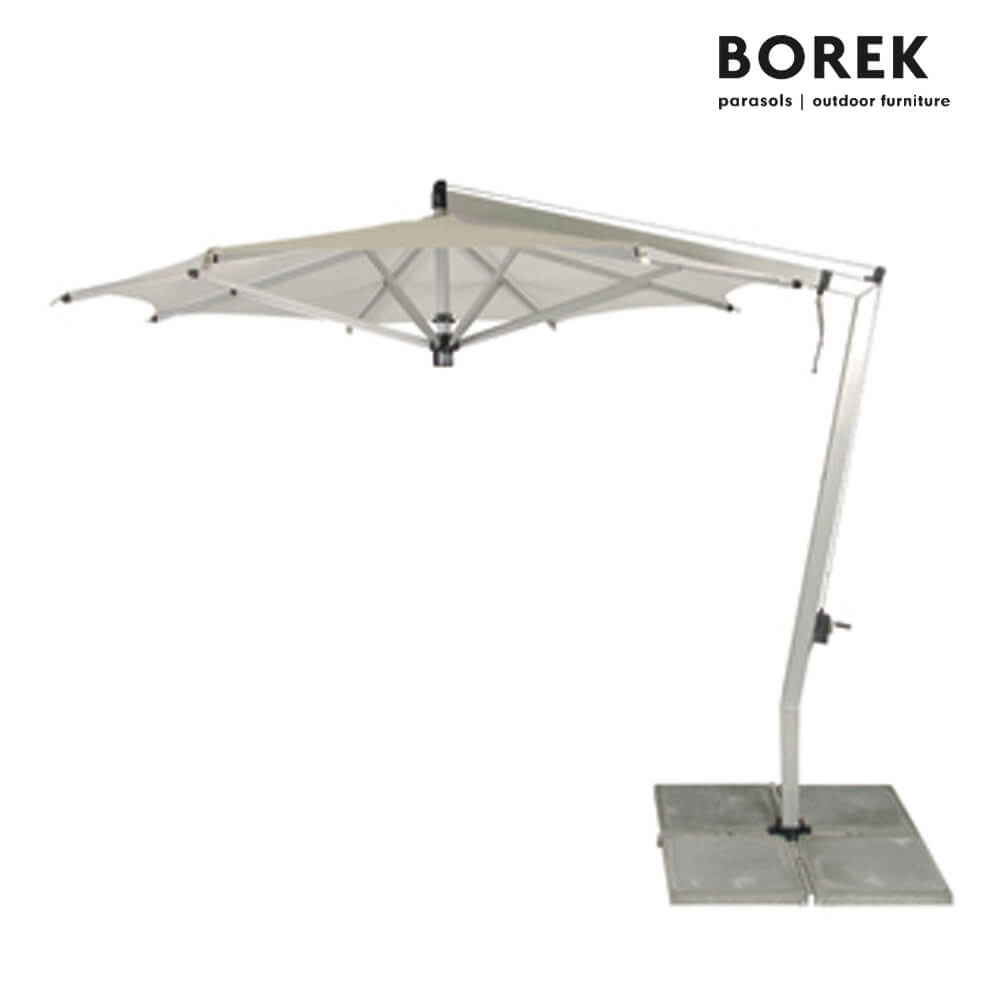 Moderner grauer Sonnenschirm mit stabilem Betonfuß, ideal für Garten und Terrasse